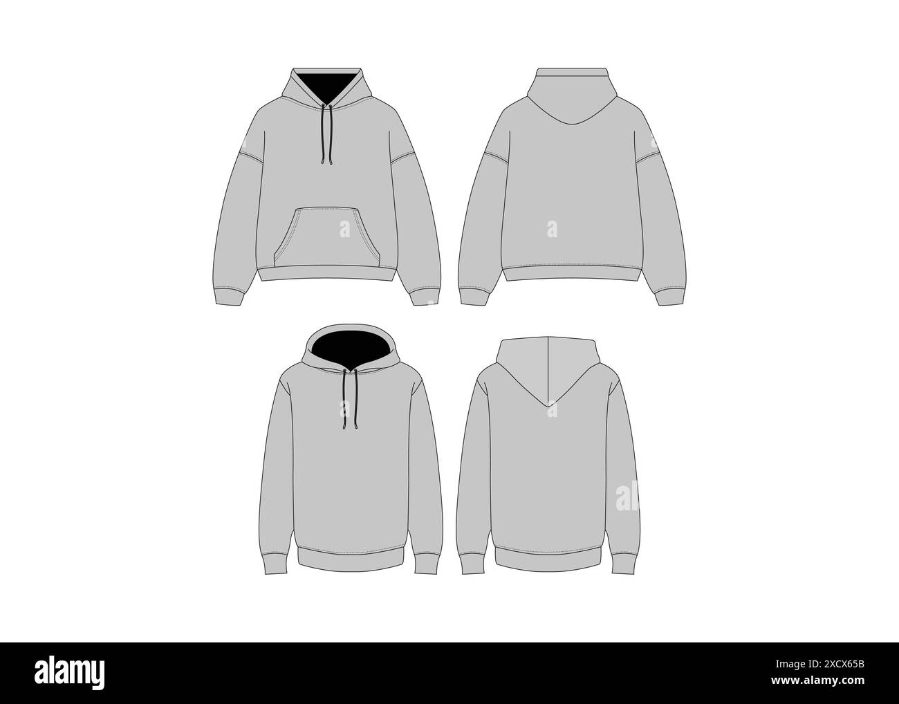 Männer Hoody realistische Mockup Langarm weiß Hoodie Vorlage Streetwear Hoodie Bekleidung Vektor Mockup Set Unisex Hoody Technical Sketch Hoodie CAD Stock Vektor