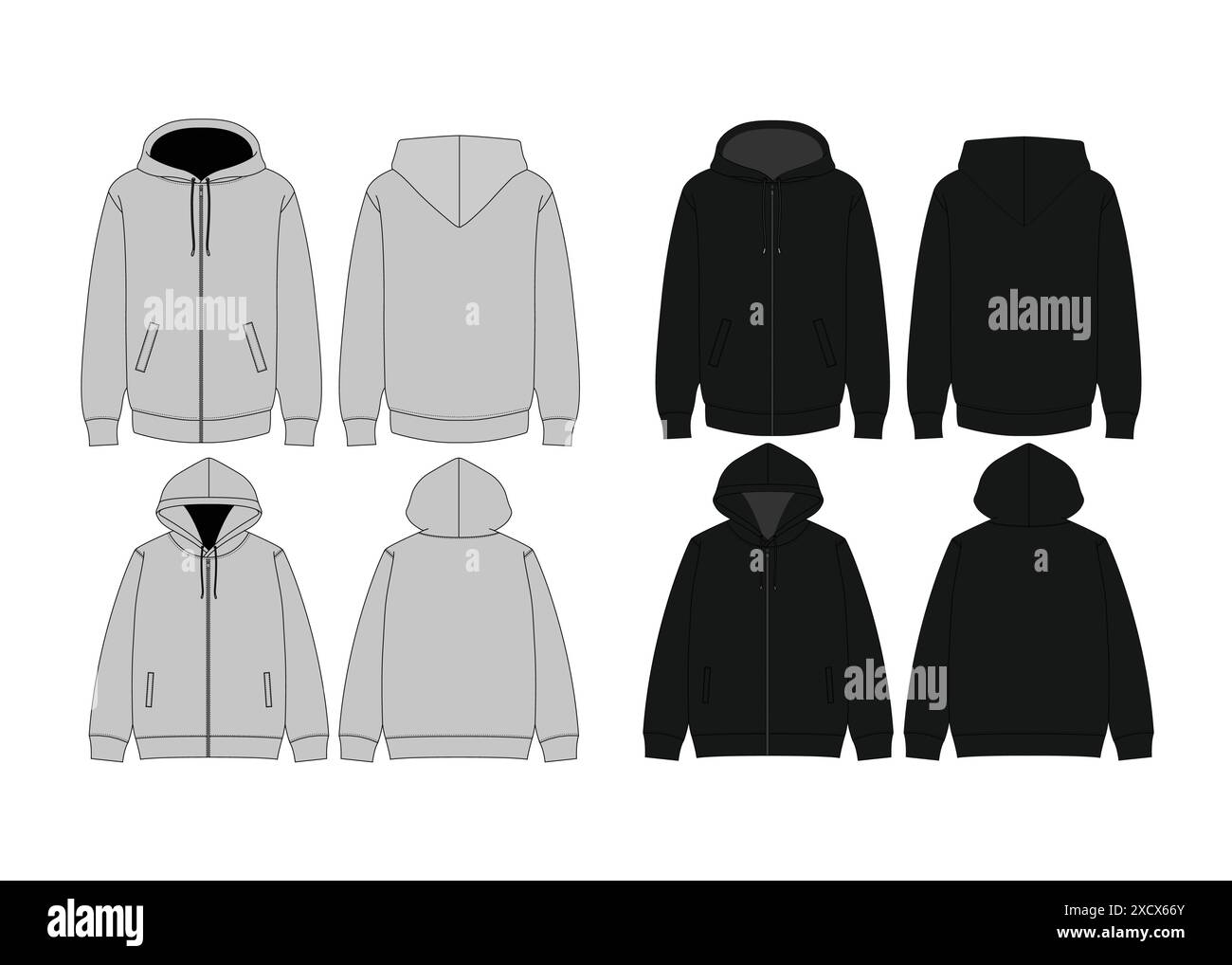 Schwarz Weiß Langarm Sweatshirt Hoodie Vorlage Kleid Blank Hoodie Sweatshirt Vektor Mode Illustration Streetwear Schwarz Sweater Hoodie Flach Stock Vektor