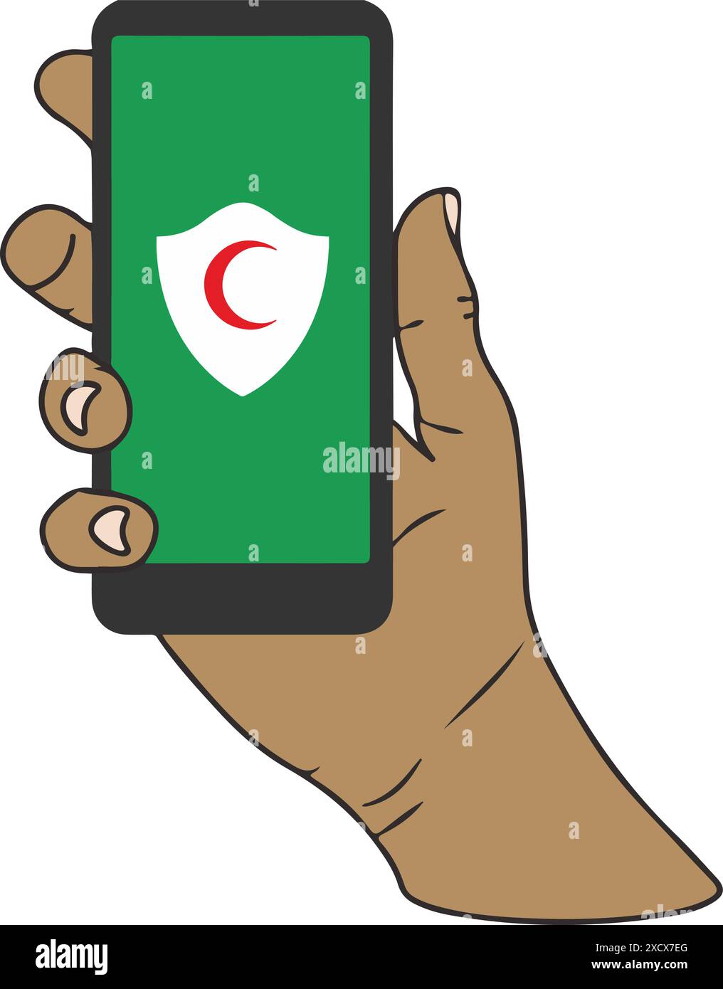 Eine Abbildung einer Hand, die ein Mobiltelefon hält und das rote Halbmond-Symbol zeigt Stock Vektor