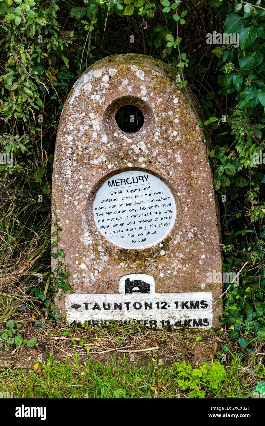 Vergleich zur Größe und Entfernung von der Sonne von Mercury auf dem Somerset Space Walk am Bridgwater & Taunton Canal, Somerset, England, Großbritannien Stockfoto