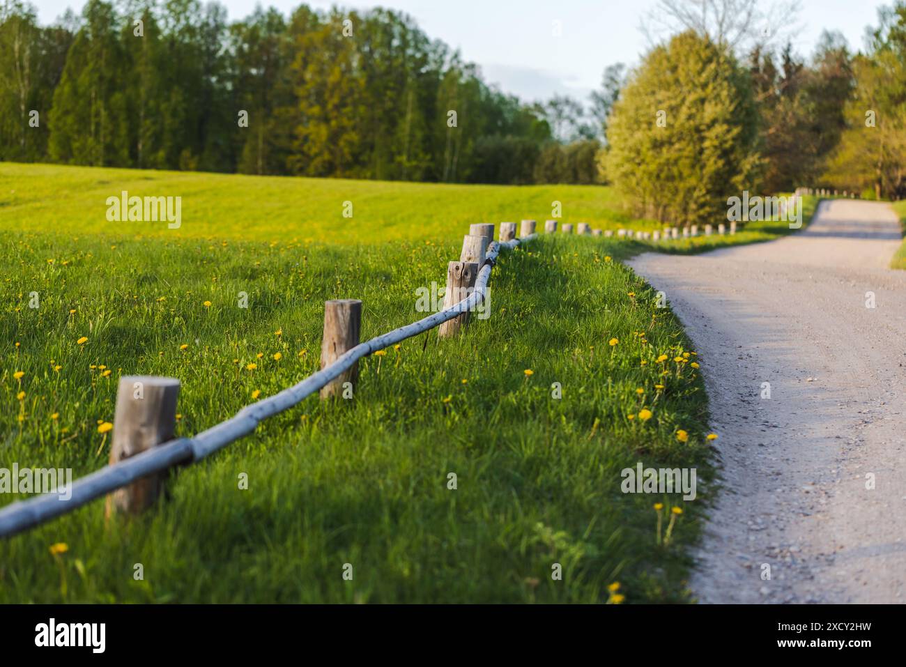 Leere Landstraße mit Holzzaun am Straßenrand. Russische Landschaft Stockfoto