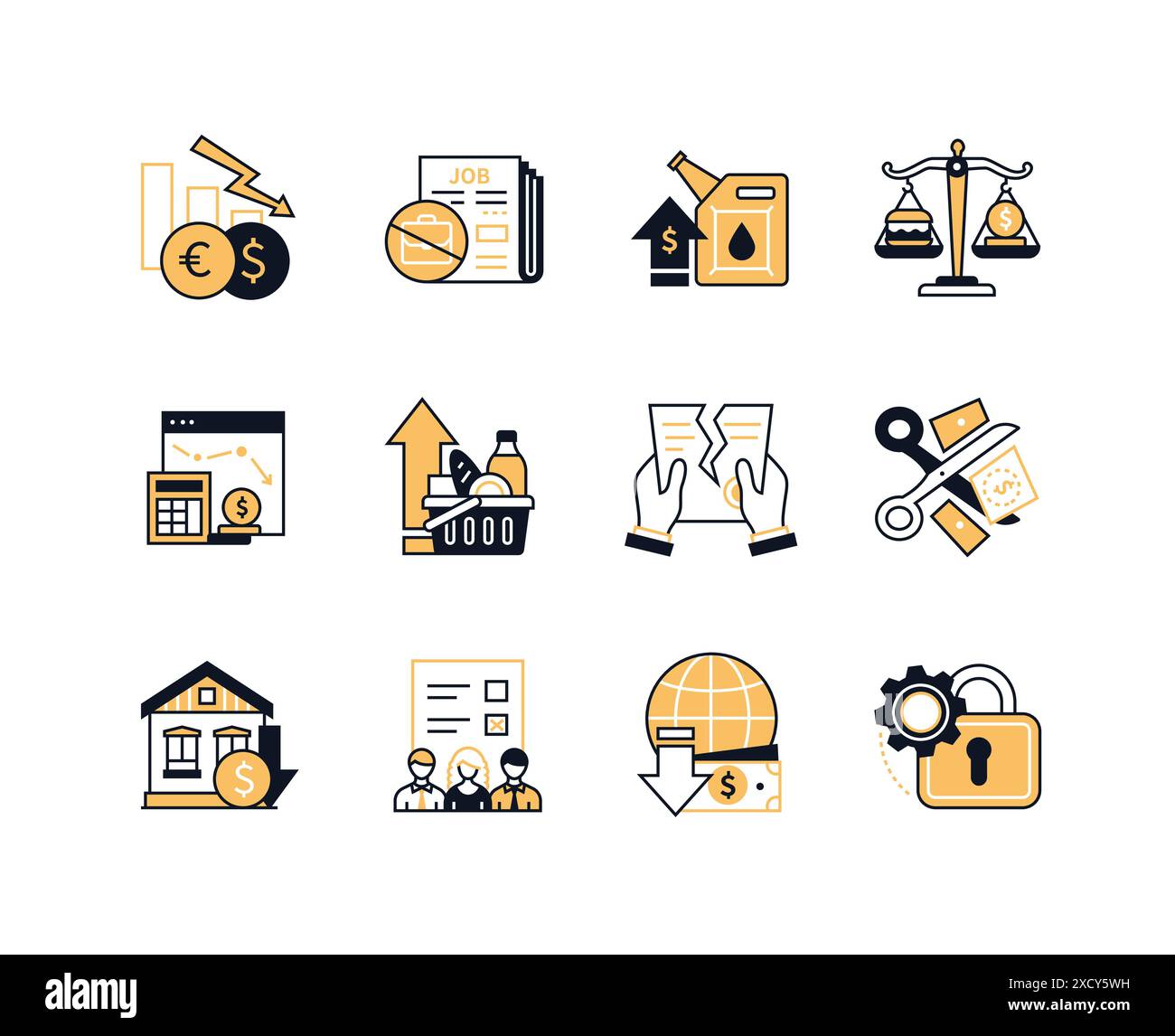 Wirtschafts- und Finanzkrise - Linie Design Stil Icons gesetzt Stock Vektor