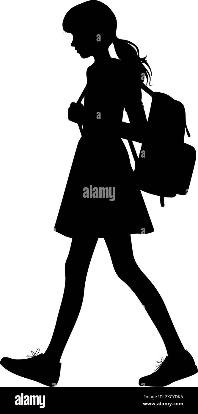 Silhouette eines Mädchens, das mit ihrem Schulrucksack läuft. Vektorabbildung Stock Vektor