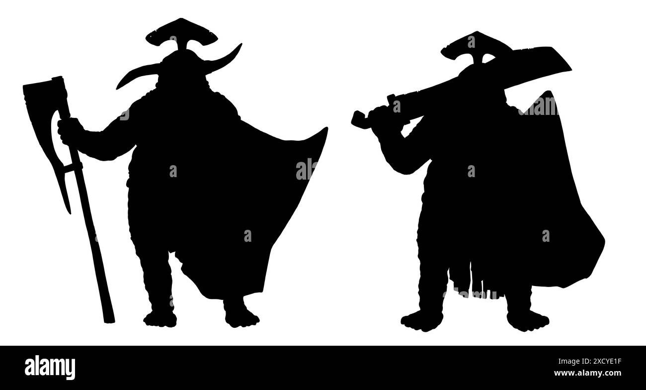 Fantasy-Kreatur - Troll. Fantasy-Zeichnung mit Monster-Kriegern. Schwarze Silhouette. Stockfoto