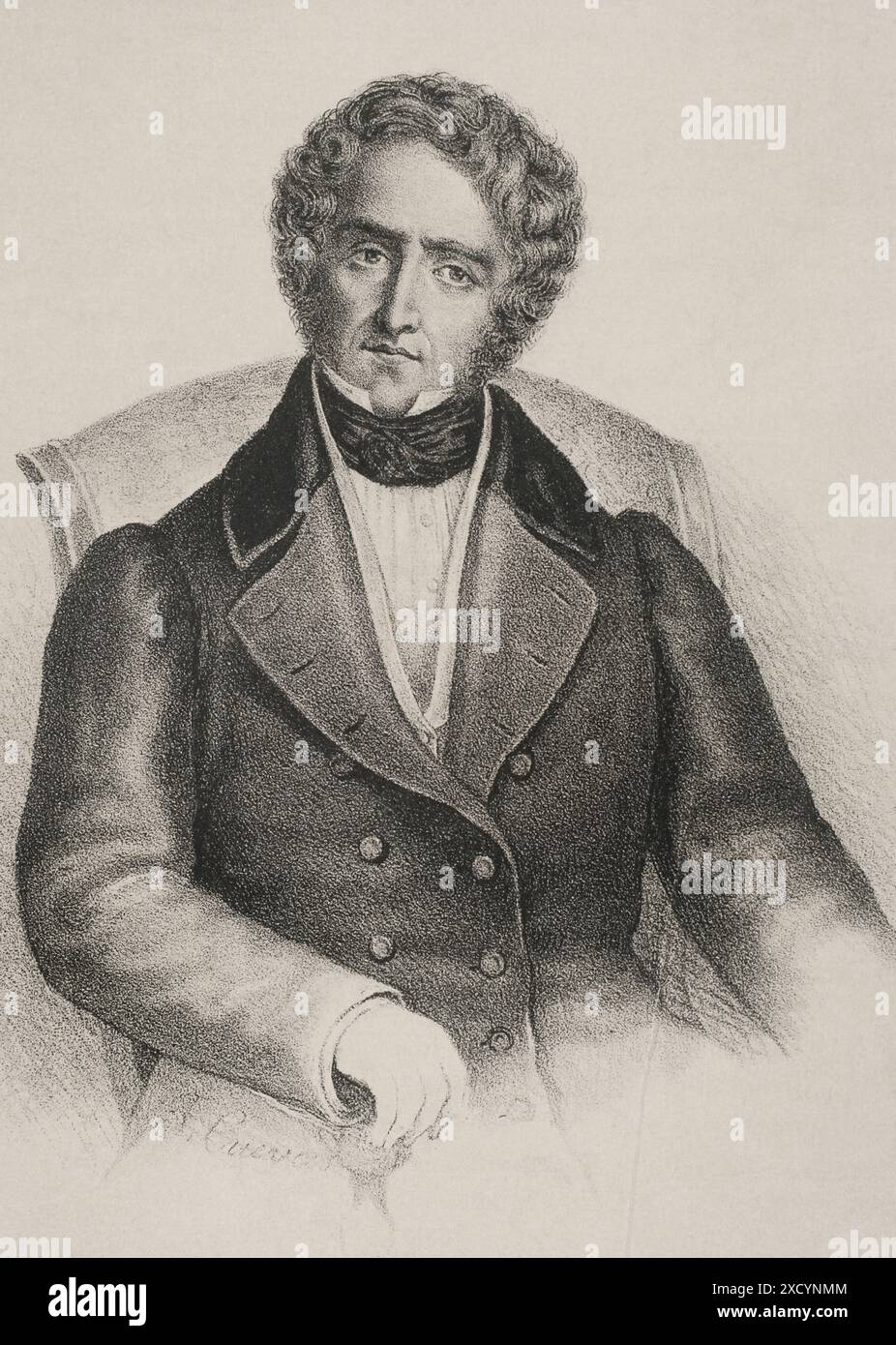 Juan Alvarez de Mendizábal (1790-1853). Spanischer Politiker und Finanzier, der in der spanischen liberalen Revolution große Bedeutung hatte. Im Juli 1835 wurde er vom Grafen von Toreno zum Finanzminister ernannt, von dem er die Beschlagnahme der Besitztümer der katholischen Kirche förderte. Hochformat. Zeichnung von José Cuevas. Lithographie. Historia de la guerra Civil y de los partidos liberal y carlista (Geschichte des Bürgerkriegs und der liberalen und karlistischen Parteien), von Antonio Pirala. Band II. Madrid, 1868. Autor: José Cuevas (1844-ca. 1929-1930). Spanischer Künstler. Stockfoto