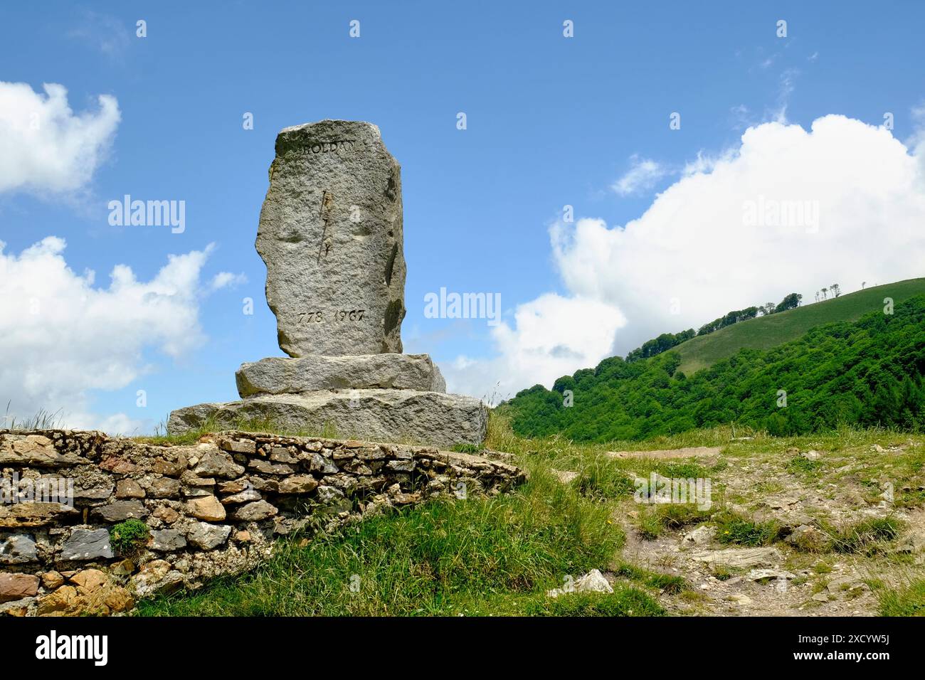 Roldan Monument in der Nähe des Ibaneta-Passes in den Pyrenäen entlang des Jakobsweges, Spanien Stockfoto