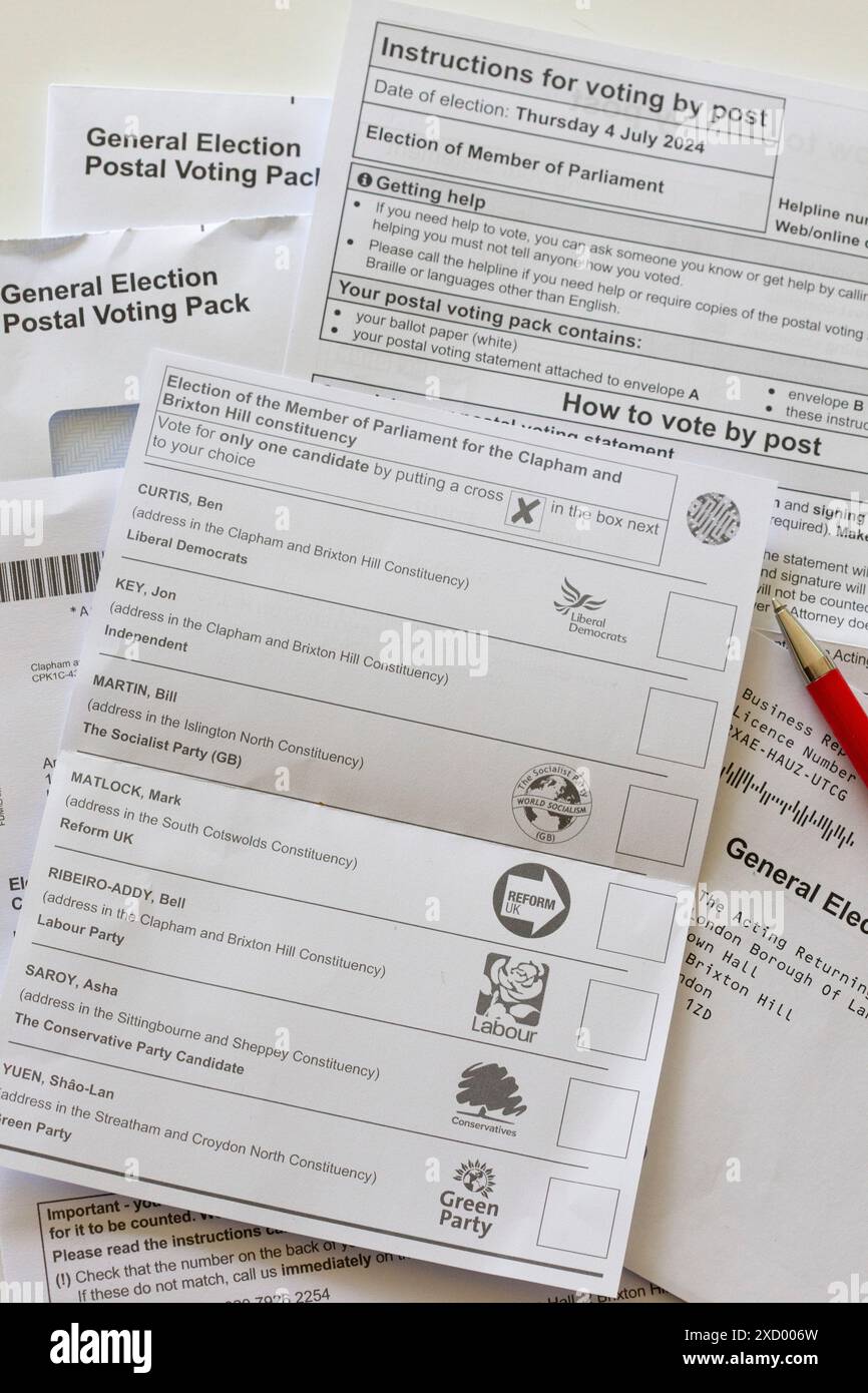 London, Großbritannien. Juni 2024. Eine Briefwahl für den Wahlkreis Clapham und Brixton Hill. Bis zu den Parlamentswahlen im Vereinigten Königreich am 4. Juli werden sich einige Wähler bereits entschieden haben und ihre Stimmen abgeben. Quelle: Anna Watson/Alamy Live News Stockfoto