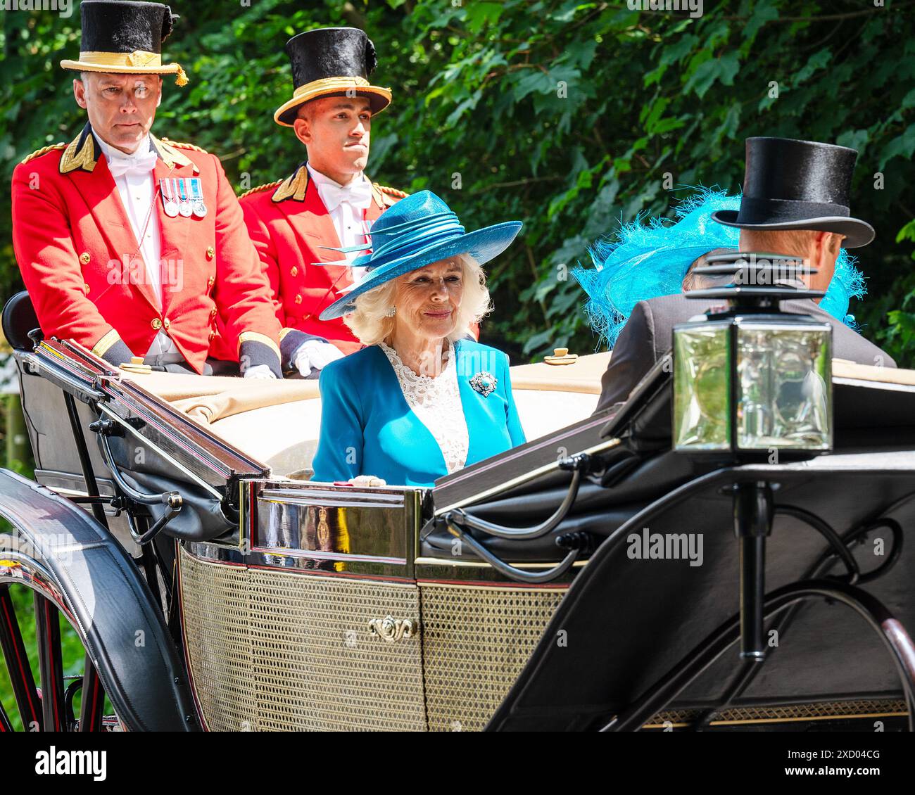 Ascot, Großbritannien, 19. Juni 2024. Königin Camilla und Prinz William, Prinz von Wales, führen den traditionellen Kutschenzug von Windsor über die grünen Straßen von Berkshire zur Rennbahn für den zweiten Tag von Royal Ascot. Quelle: MartinJPalmer/Alamy Live News Stockfoto