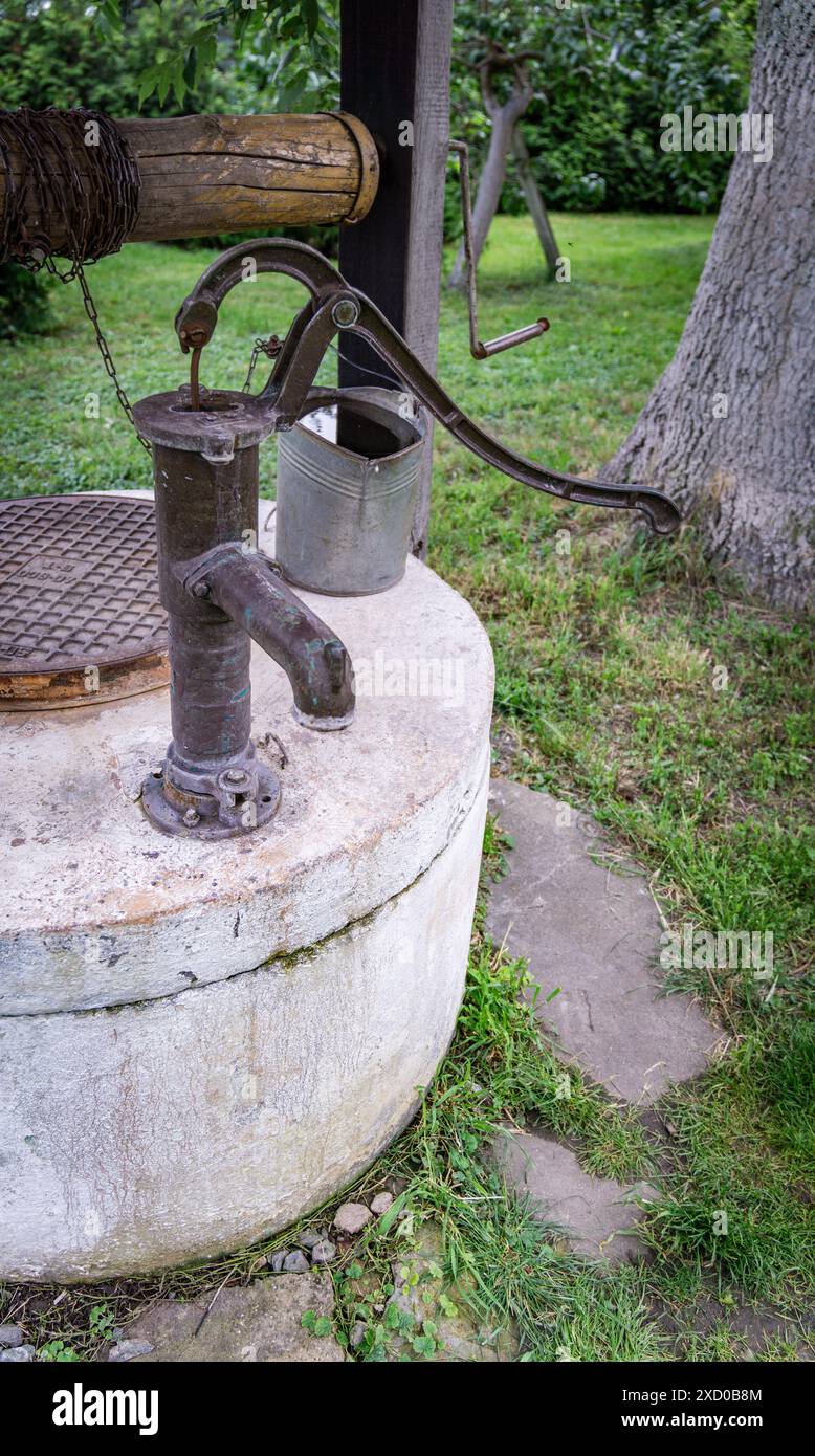 Alte Handpumpe im ländlichen Garten an einem sonnigen Tag Stockfoto
