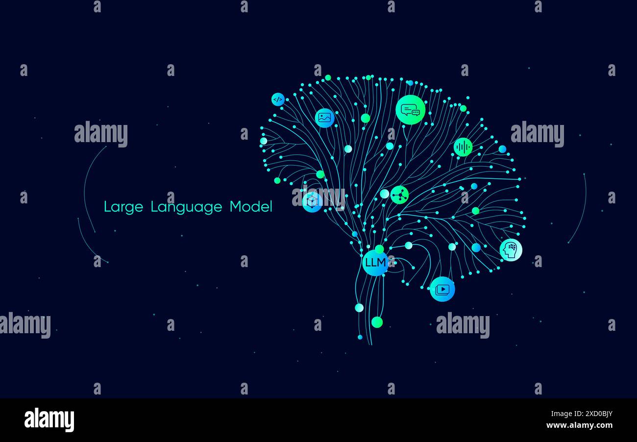 Abbildung des abstrakten Streams. Künstliche Intelligenz. Big Data, Technologie, KI, Datenübertragung, Datenfluss, großes Sprachmodell, generative KI Stock Vektor