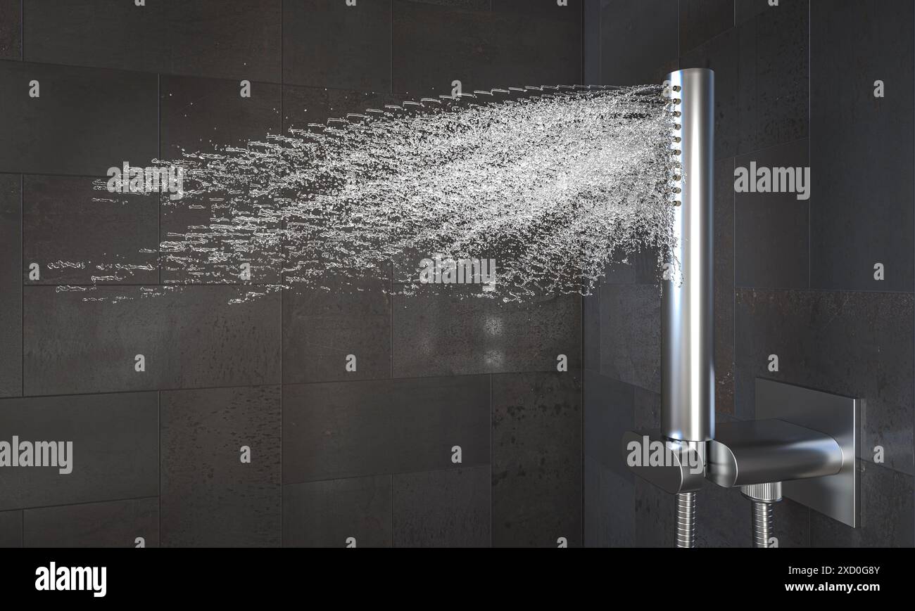 Moderner Duschkopf, der Wasser sprüht, schwarz geflieste Wand, Badezimmer 3d Stockfoto