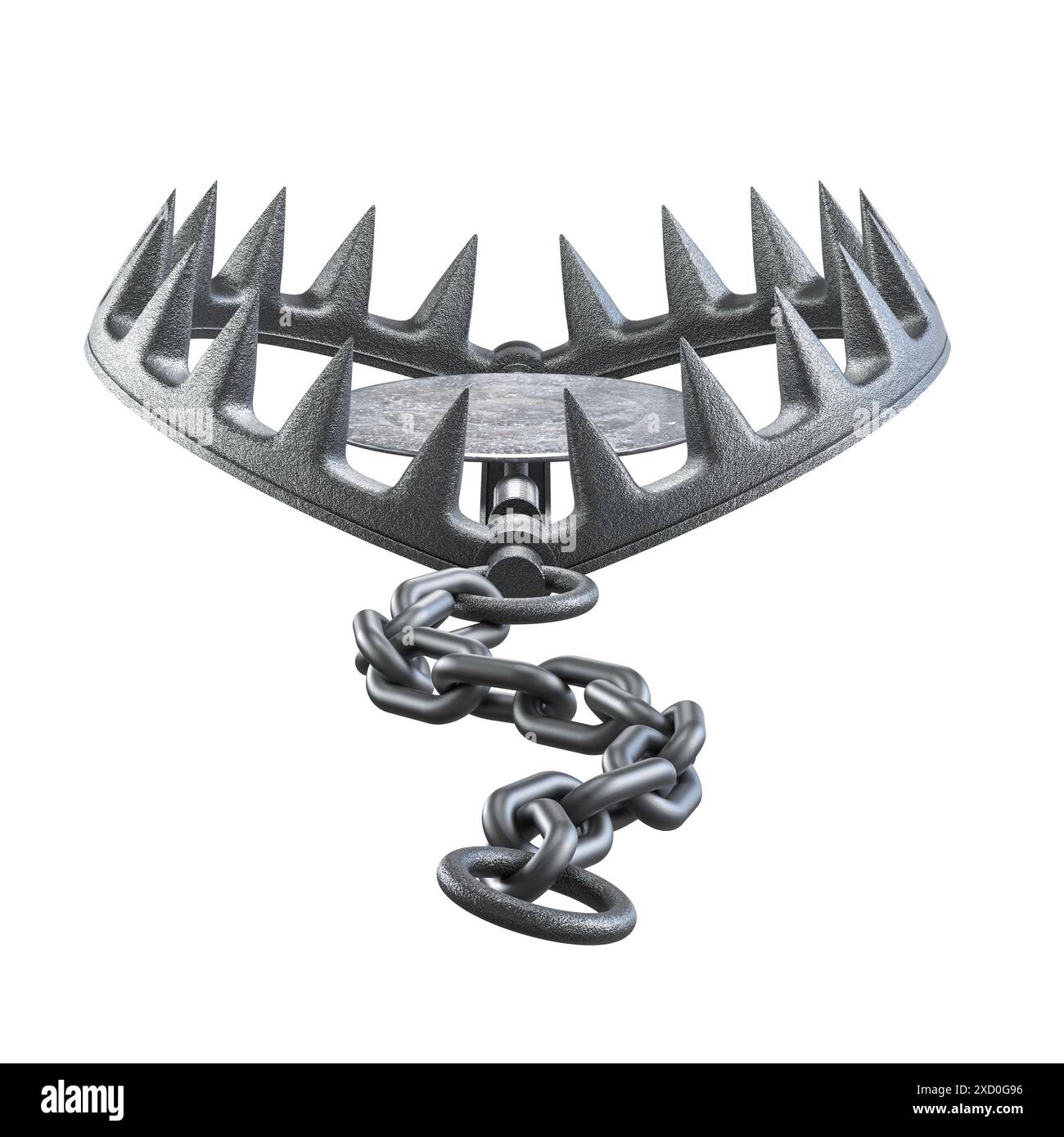 Bärenfalle, scharfgezahnte Mechanikkette, isolierter Hintergrund 3D-Rendering Stockfoto