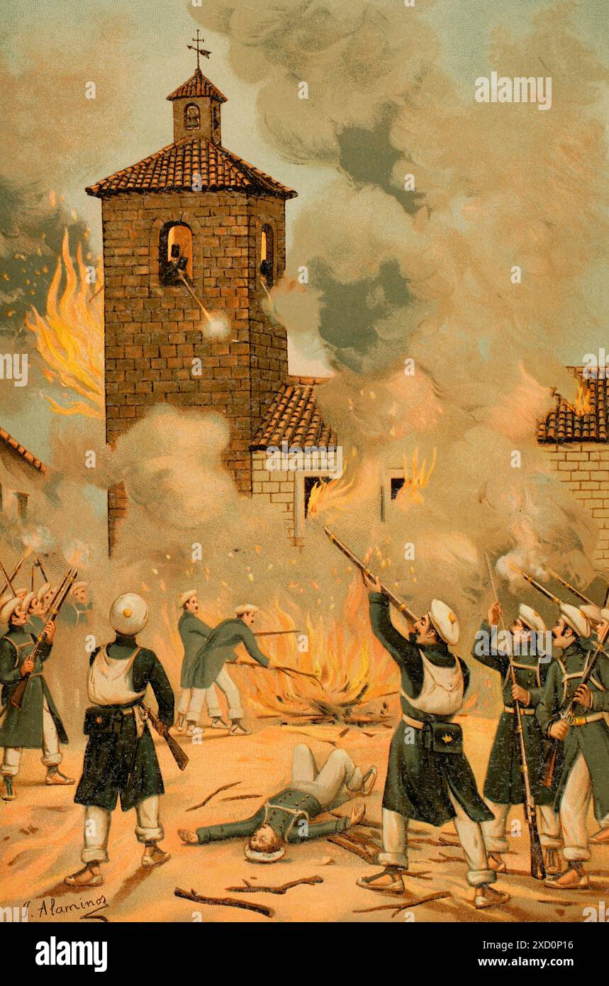 Geschichte Spaniens. Erster Karlistenkrieg (1833–1840). Am 6. Und 7. August 1835 ordnete General Cabrera Angriffe an verschiedenen Orten an, um die liberale Armee in die Irre zu führen. Die karlistischen Anführer Quilez und José Miralles de Benasal, bekannt als „El Serrador“, kamen am 6. August mit mehr als 1.500 Soldaten in die Stadt Albocácer (Provinz Castellón) ein. Die knappe lokale Garnison, bestehend aus insgesamt 28 Männern, die dem ersten Bataillon von Freiwilligen Valencias angehörten und von Unterleutnant Liborio Lassantas geführt wurden, zog sich in die Kirche zurück, von wo aus sie einen schwierigen Widerstand kämpften. Heldenhafte Verteidigung o Stockfoto