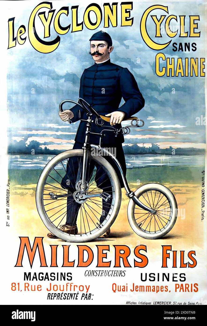 Le Cyclone, Cycle Sans Chaine, 1892. - Oldtimer-Bike-Werbetexte Stockfoto