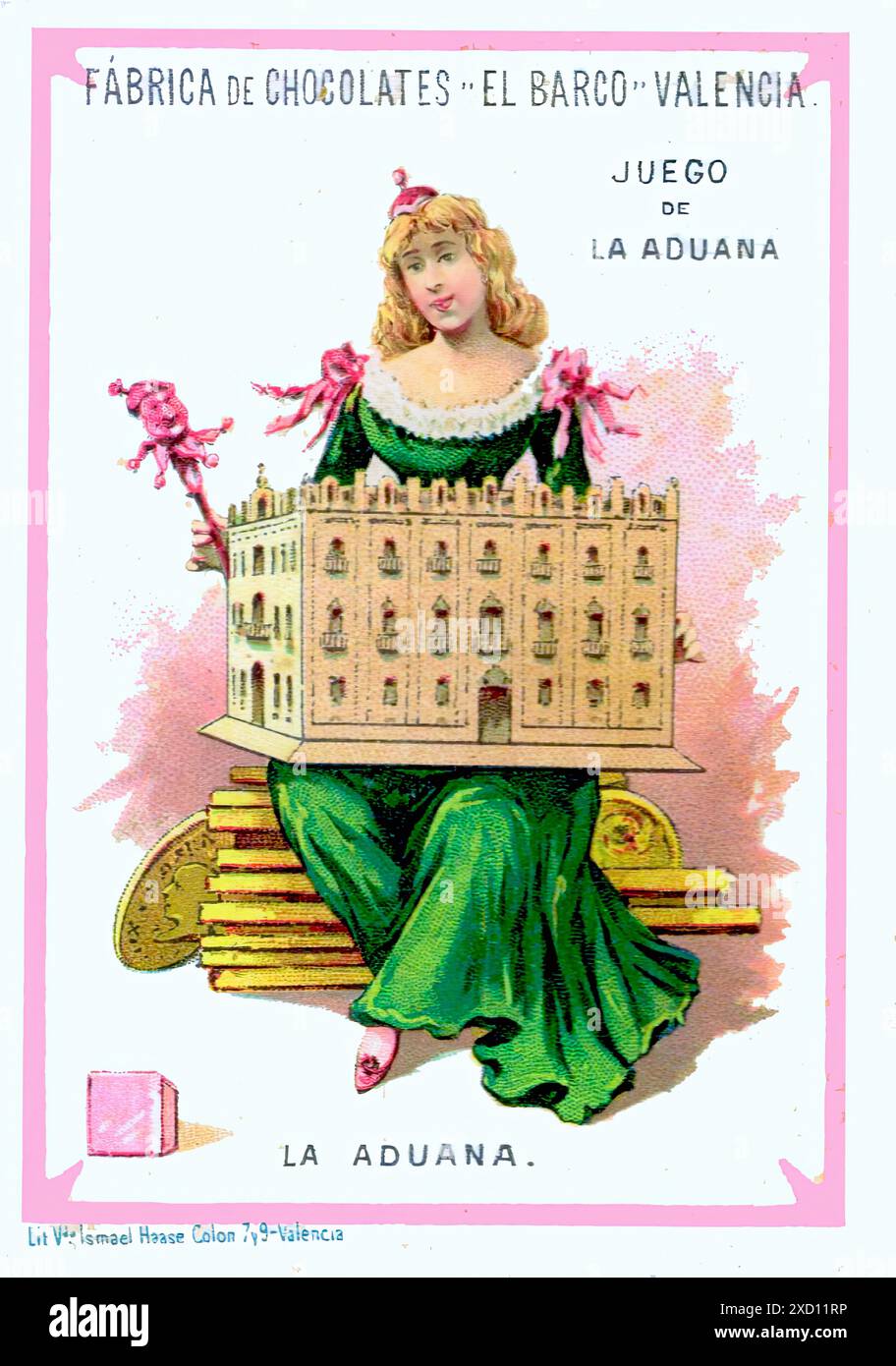 Fábrica de Chocolates El Barco, Juego de La Aduana, Valencia. - Vintage-Werbedruck-Poster Stockfoto