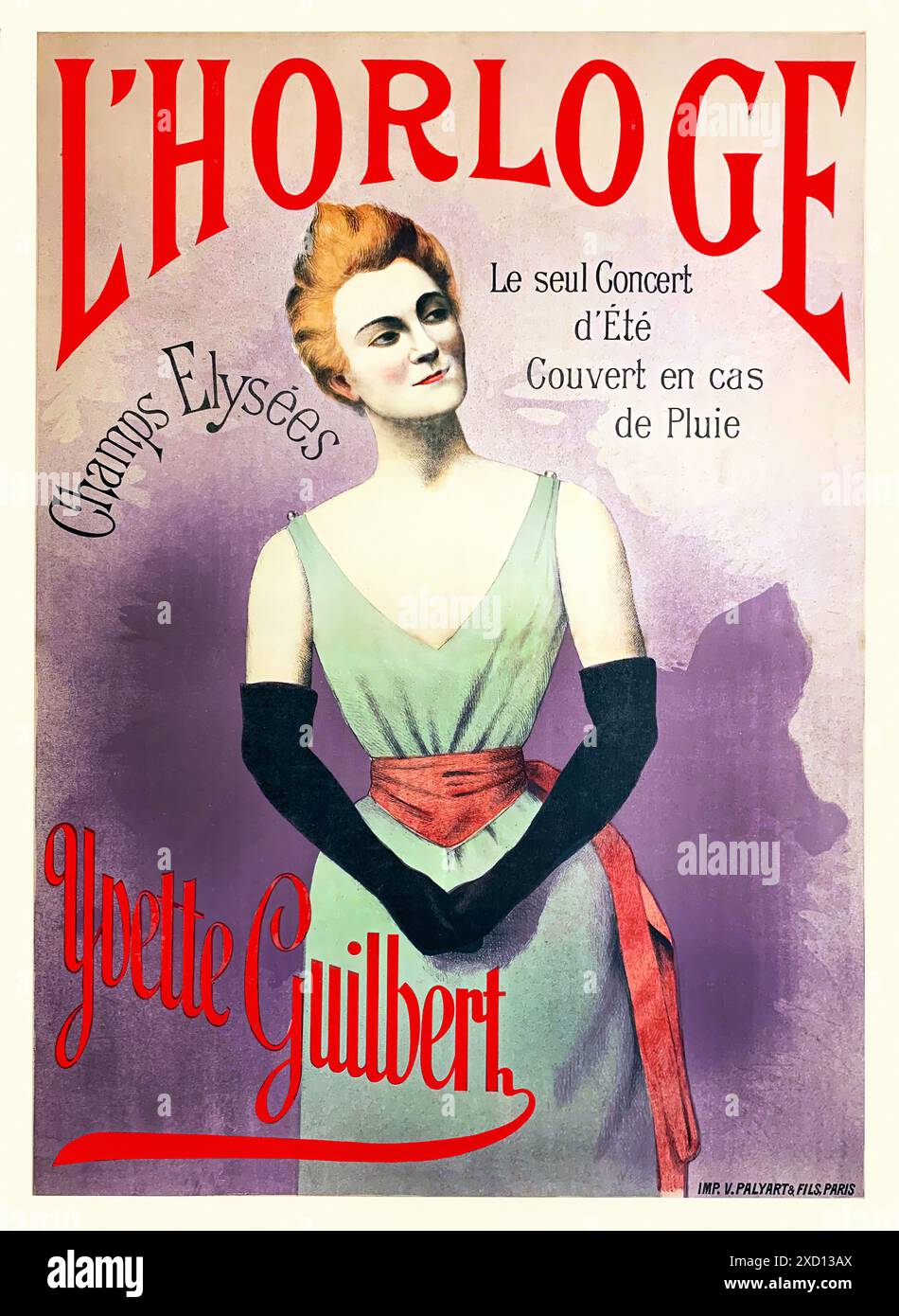 L'Horloge, Yvette Guilbert, Le seul Concert d'ete. Couvert en cas de pluie, ca. 1885. - Vintage-Werbedruck-Poster Stockfoto