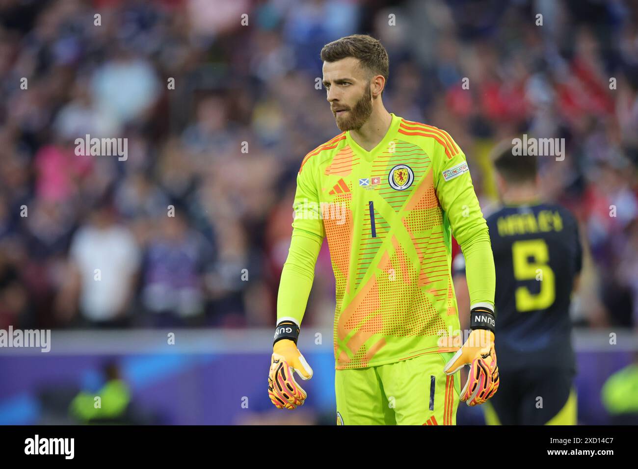 Köln, Deutschland. Juni 2024. Fußball: Europameisterschaft, Schottland - Schweiz, Vorrunde, Gruppe A, Spieltag 2, das Kölner Stadion, der schottische Torhüter Angus Gunn reagiert. Quelle: Rolf Vennenbernd/dpa/Alamy Live News Stockfoto