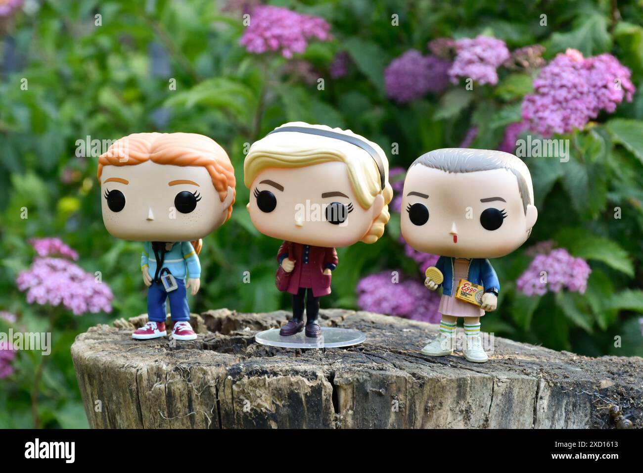 Funko Pop Actionfiguren des beliebten Netflix tv zeigen die Charaktere Max, die Hexe Sabrina Spellman und Eleven. Rosa Blumen, stimmungsvoller Wald, geheimnisvoller Ort. Stockfoto