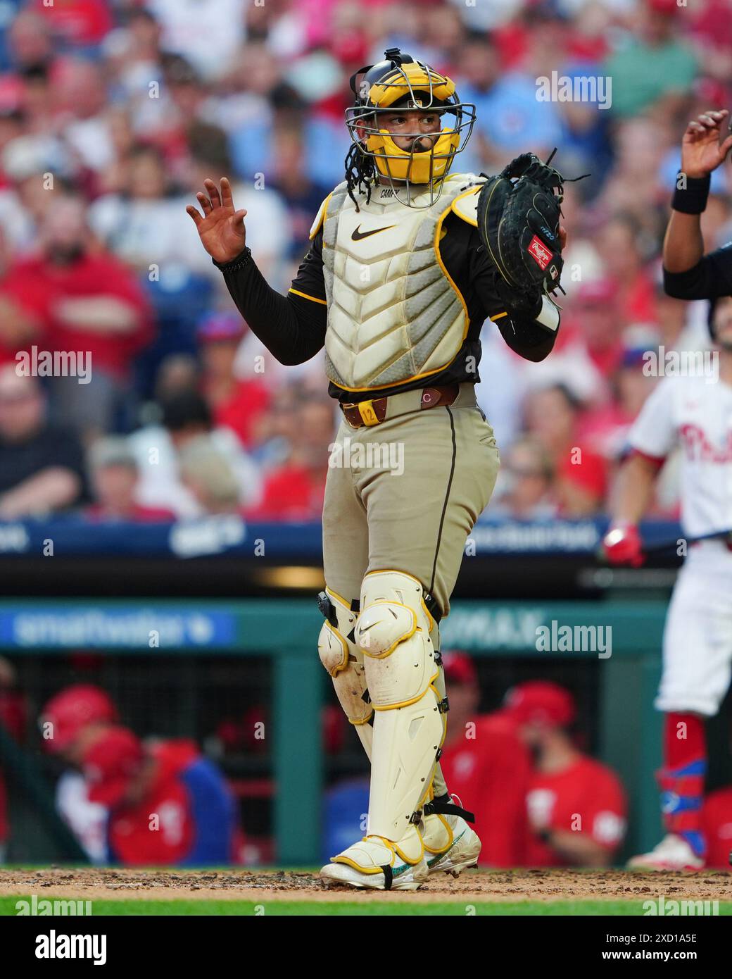 PHILADELPHIA, PA - JUNE 18: San Diego Padres Catche Luis Campusano (12) during the fourth inning of a Major League Baseball game between the San Diego Padres and the Philadelphia Phillies on June 18, 2024, at Citizens Bank Park in Philadelphia, PA. (Photo by Gregory Fisher/Icon Sportswire) (Icon Sportswire via AP Images) Stockfoto