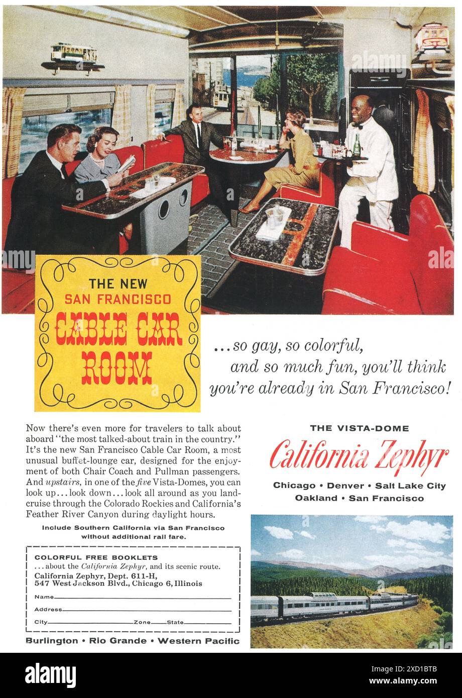 1961 Vista-Dome California Zephyr - Western Pacific Ad - San Francisco Cable Car Room Stockfoto