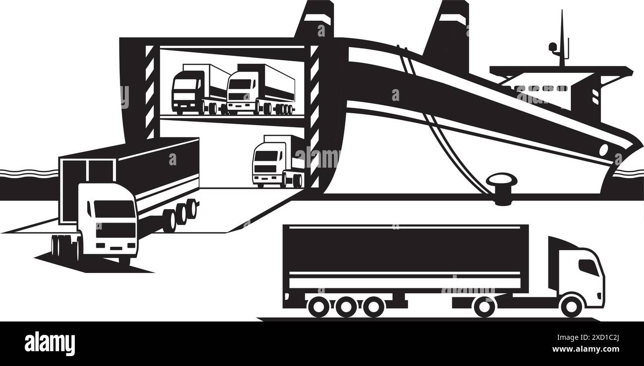 Lkw verlassen das Fährschiff am Frachtterminal im Hafen – Vektorillustration Stock Vektor