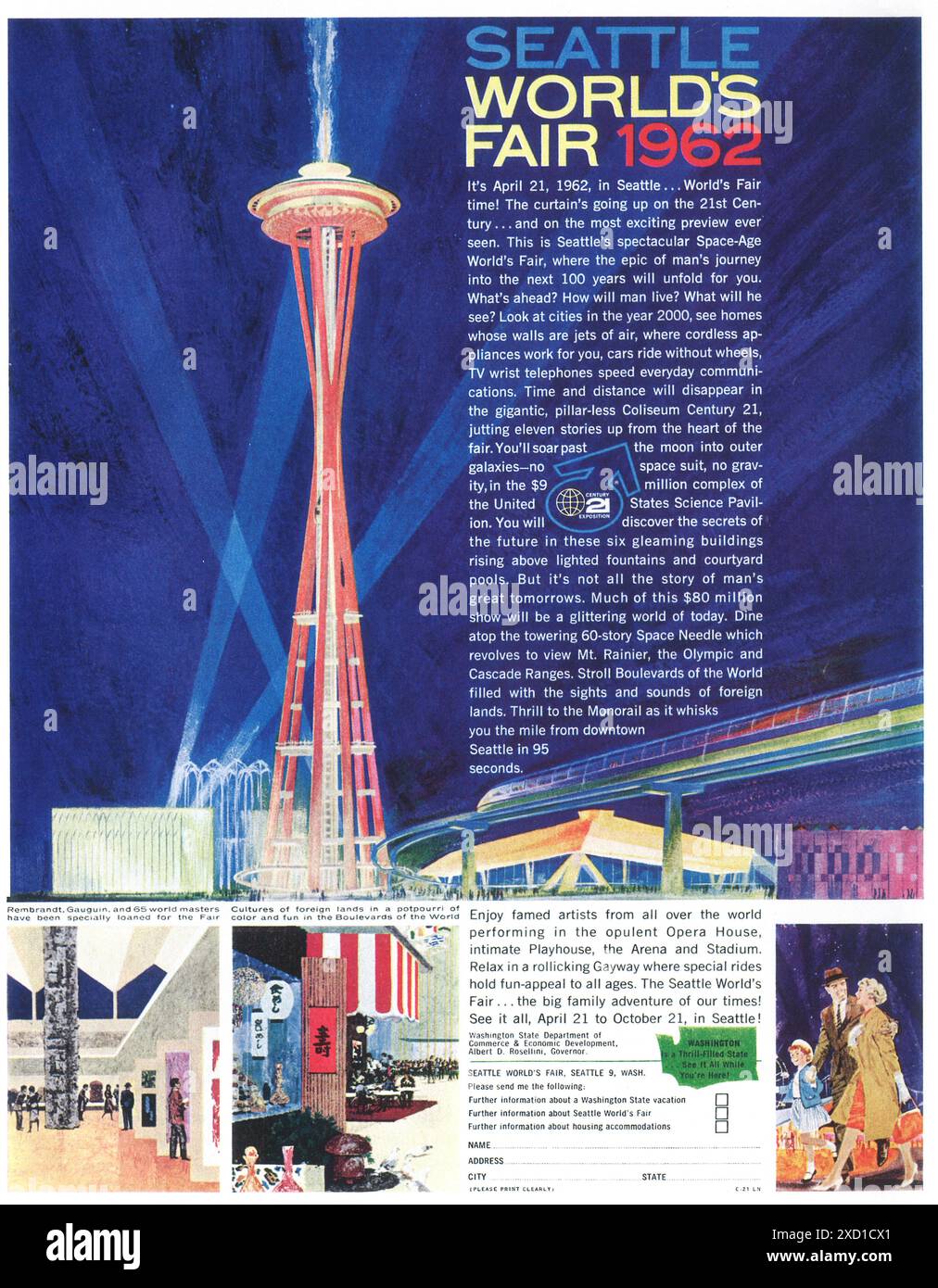 1962 Werbespot auf der Weltausstellung von Seattle mit Space Needle Building Stockfoto