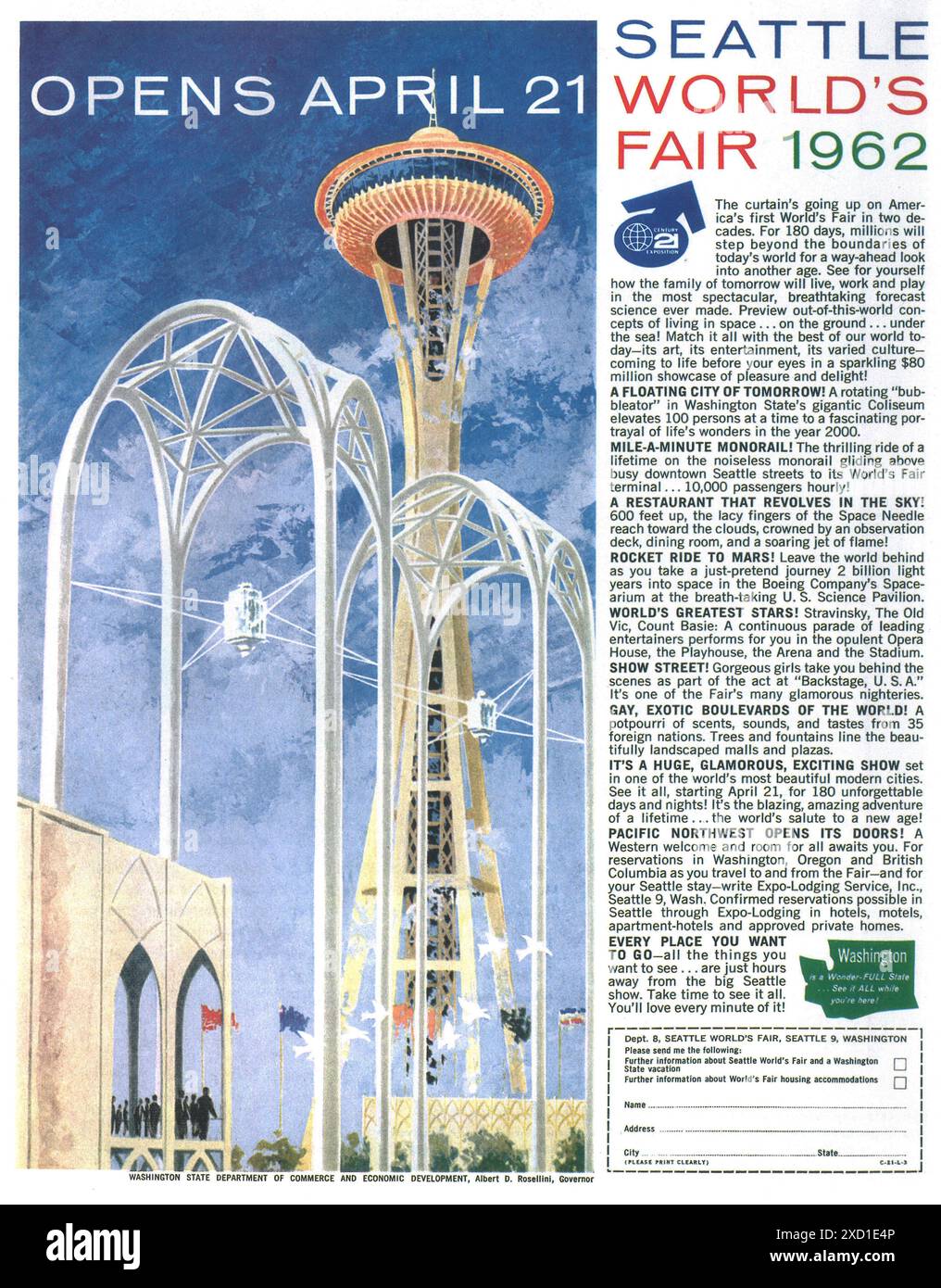 1962 Werbespot auf der Weltausstellung von Seattle mit Space Needle Building Stockfoto