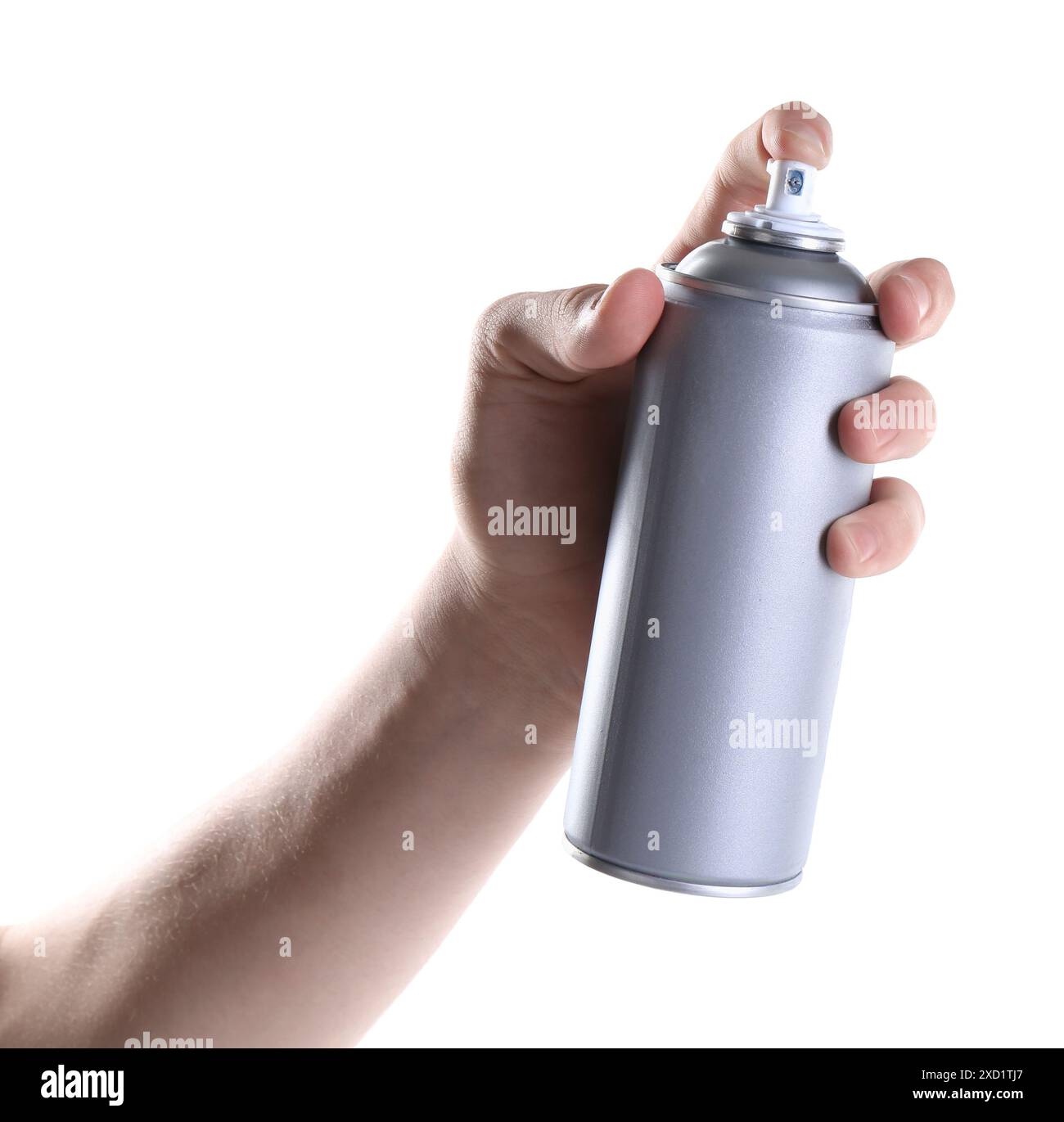 Mann mit Sprühdose auf weißem Hintergrund, Nahaufnahme Stockfoto