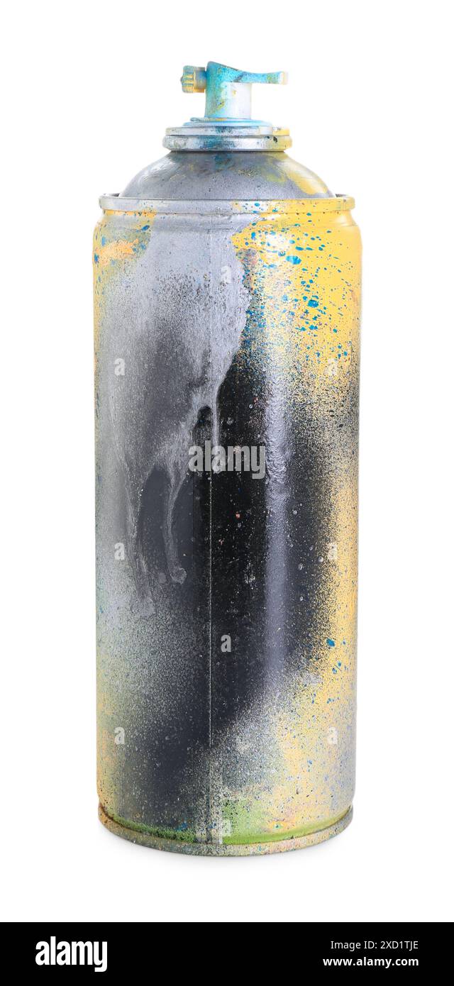 Eine Dose helle Sprühfarbe isoliert auf weiß Stockfoto