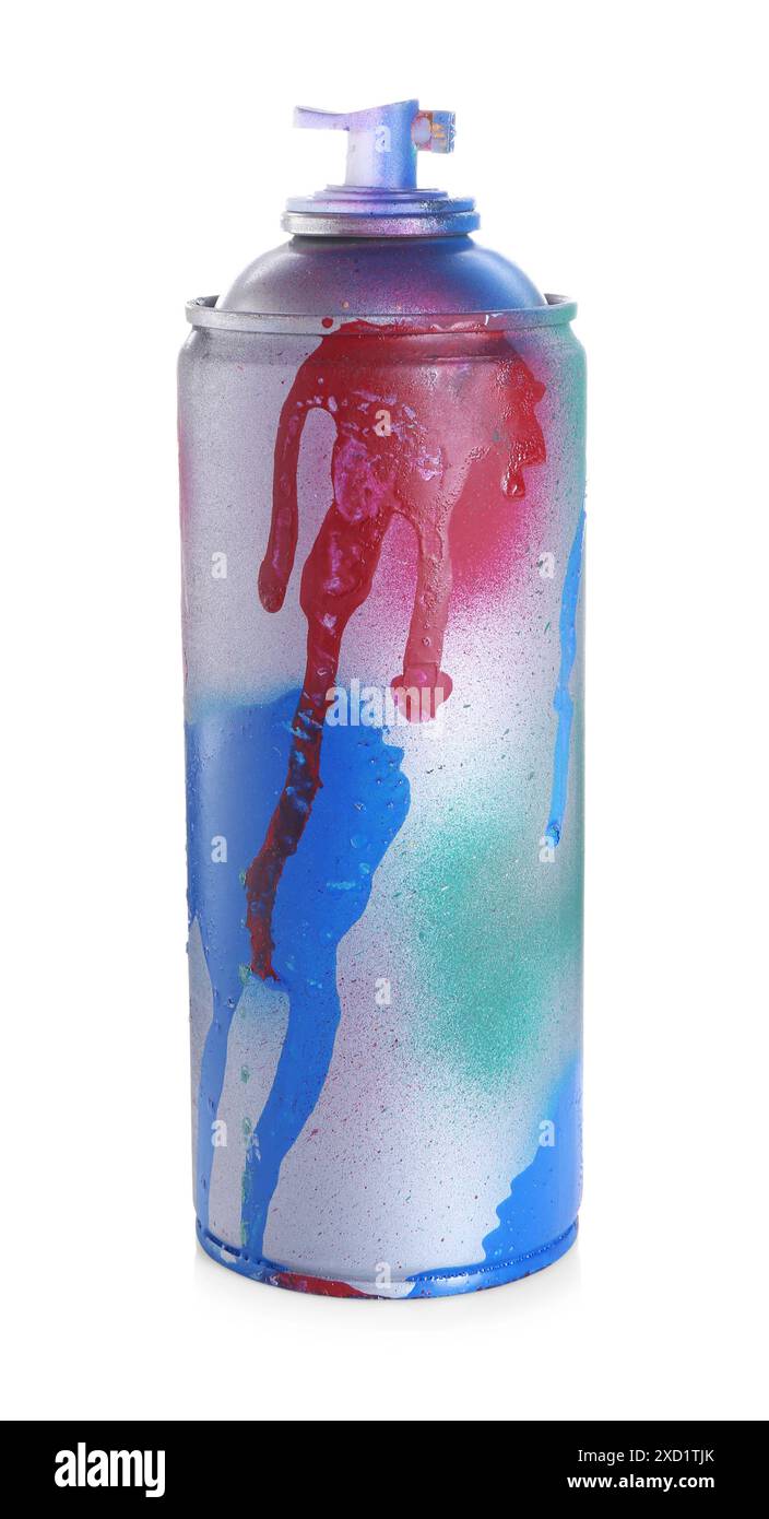 Eine Dose helle Sprühfarbe isoliert auf weiß Stockfoto