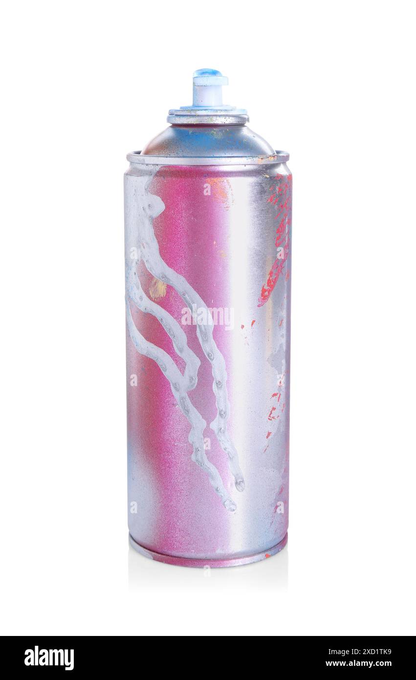 Eine Dose helle Sprühfarbe isoliert auf weiß Stockfoto