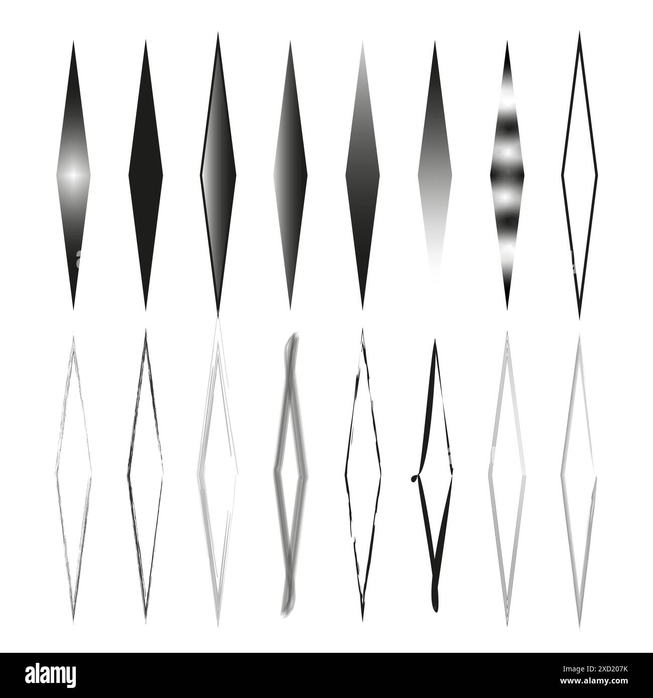 Schmaler Diamantsatz. Sammlung geometrischer Symbole. Schwarz-weiß. Vektorelemente. Stock Vektor