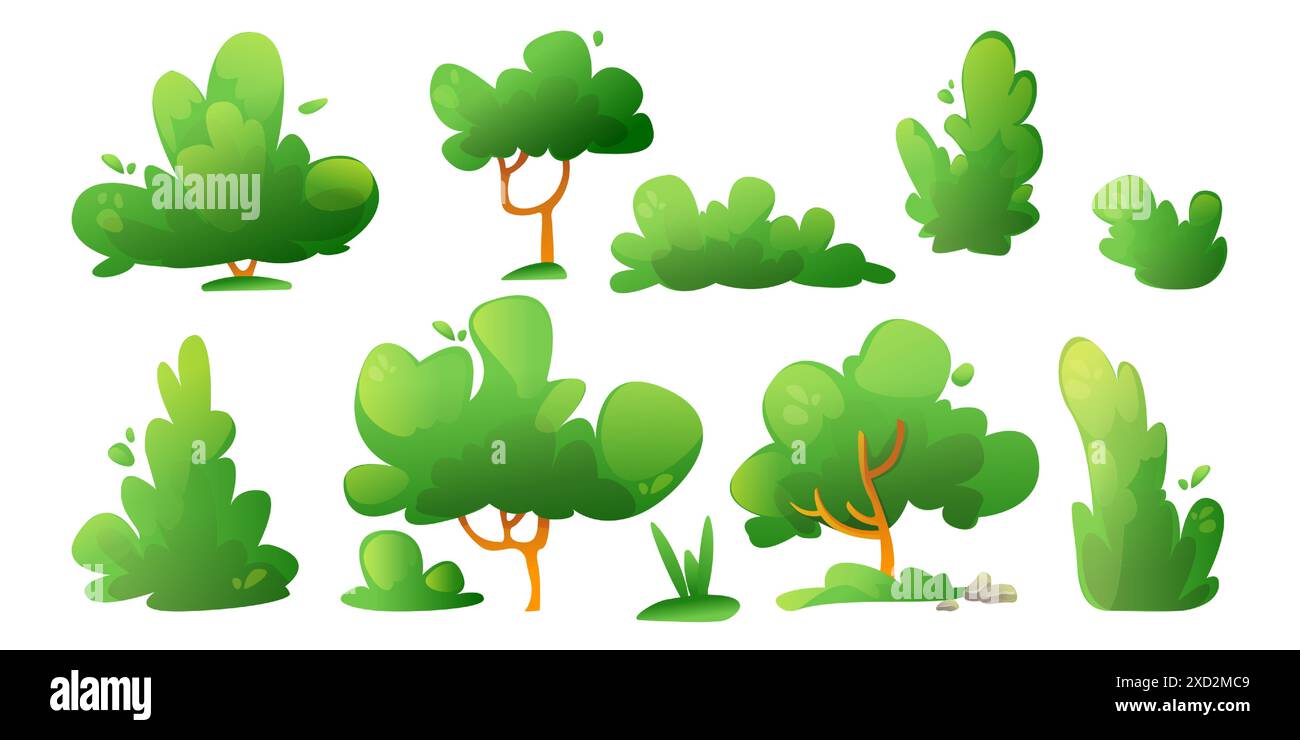 Grüne Pflanzen auf weißem Hintergrund. Vektor-Karikaturillustration von Baum, Büschen, Sträuchern, Gras für Frühling oder Sommer Park, Holz, Wald oder Garten Design, Laub auf Ästen, Spiel ui Elemente Stock Vektor
