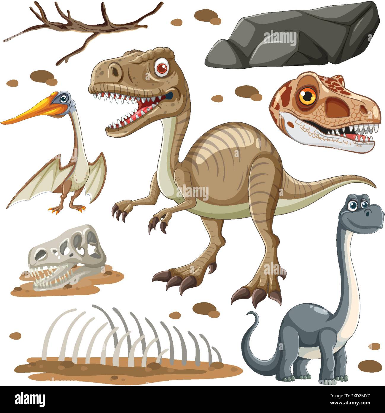 Verschiedene Dinosaurier und Fossilien in einer prähistorischen Szene Stock Vektor