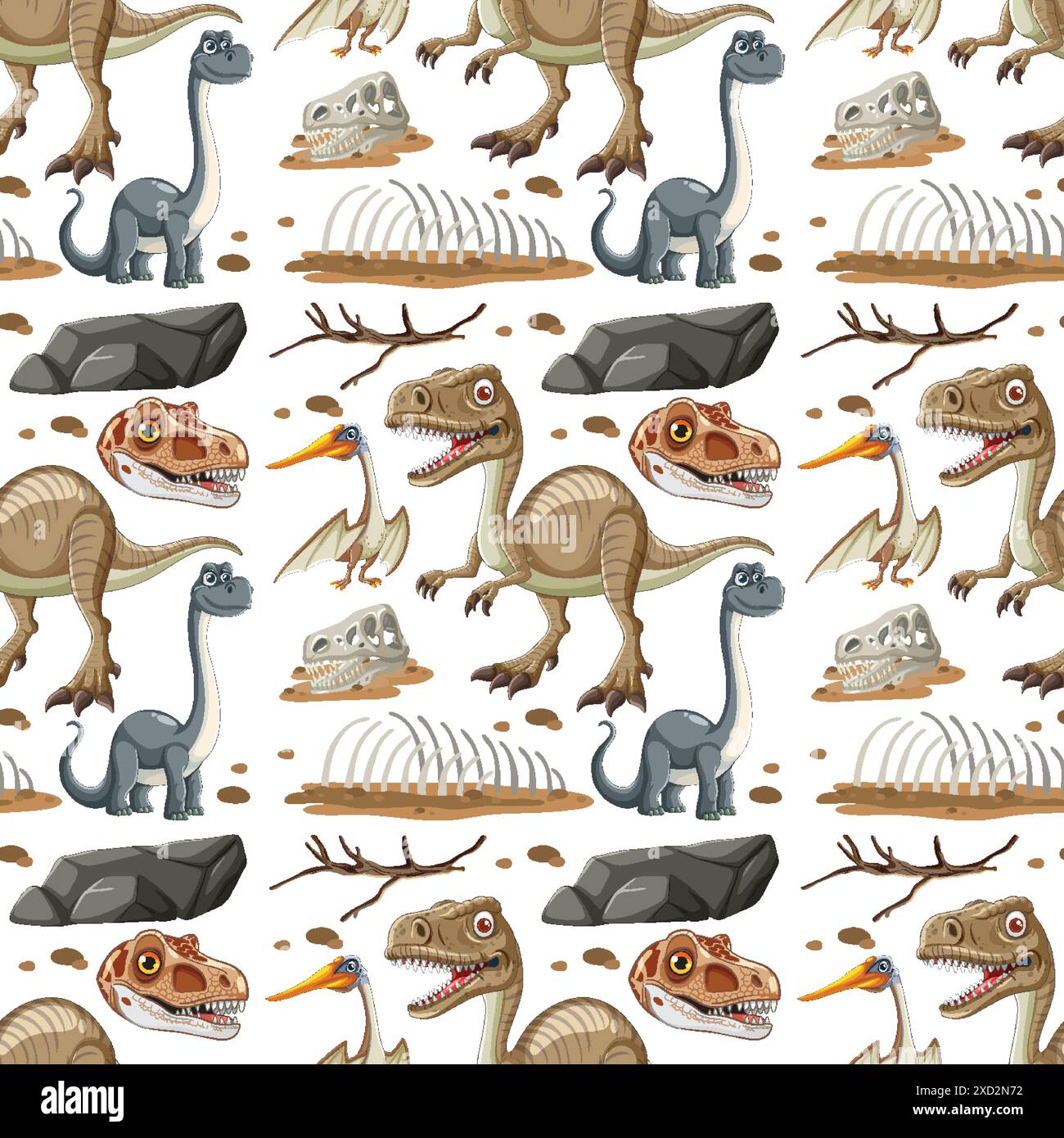 Bunte Dinosaurier und Fossilien in nahtlosem Muster Stock Vektor