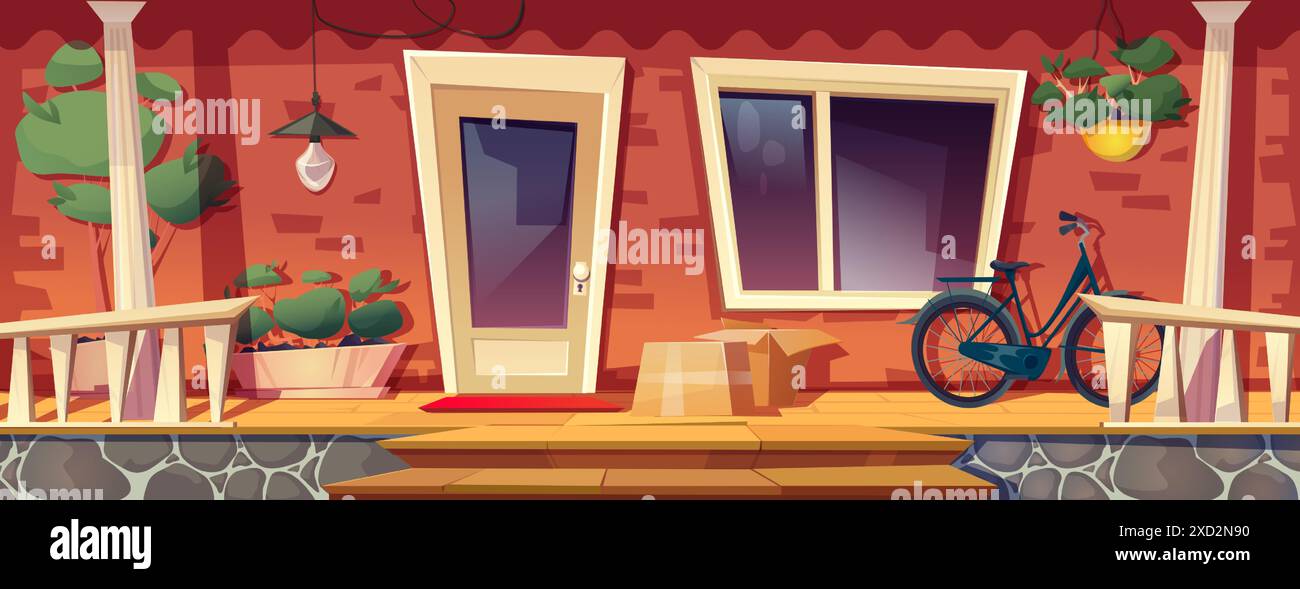 Hausveranda mit geschlossener Haustür, roter Ziegelwand, Fahrrad und Kisten auf Holzveranda mit Treppe und Zaun, Fenster und Laterne, Blumen und Baum im Topf. Cartoon-Vektor-Haus-Terrasse mit Eingang. Stock Vektor