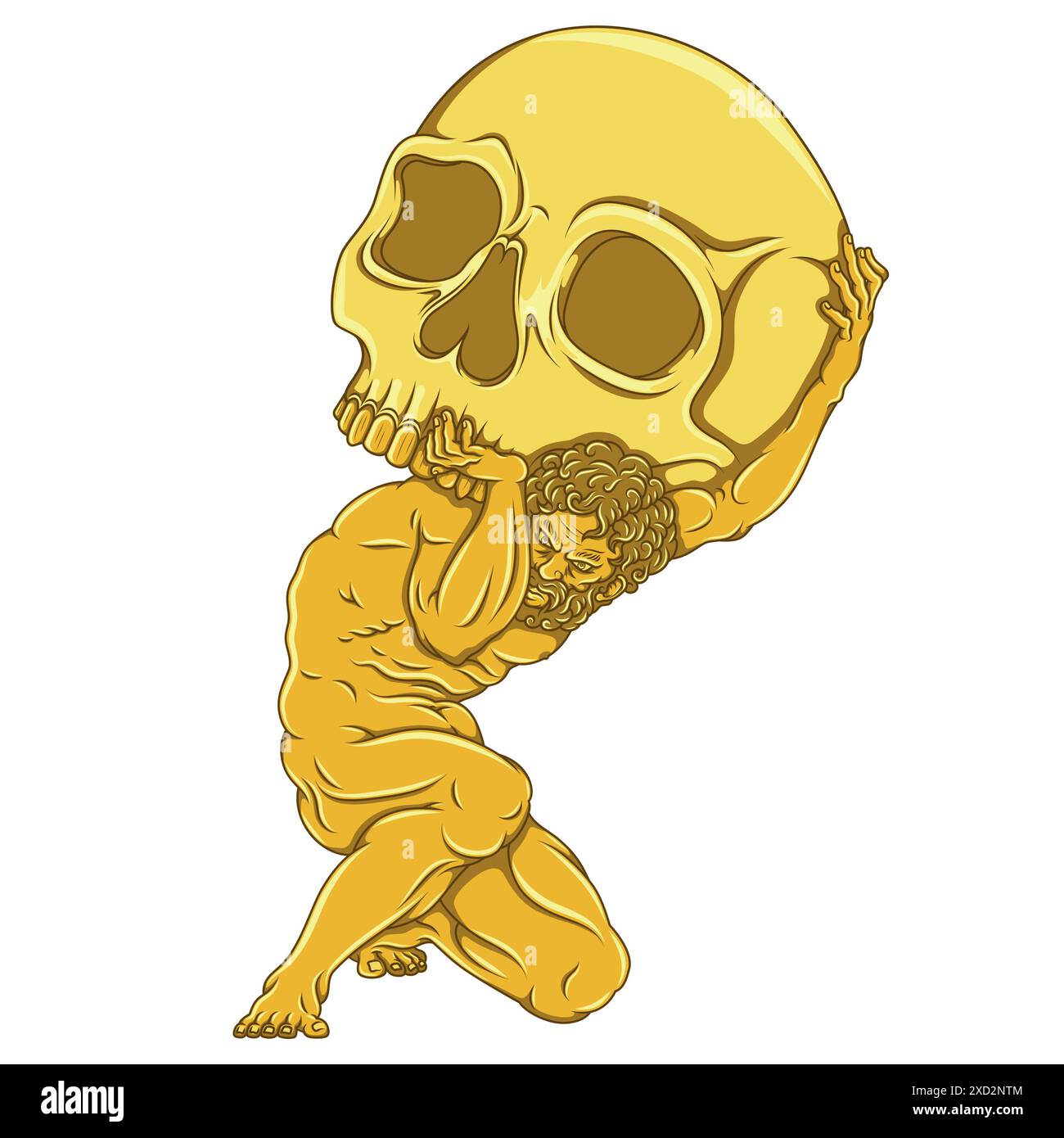 Vektordesign des titan Atlas, der einen Schädel auf seinen Schultern hält, titan aus der griechischen Mythologie mit Halloween-Schädel Stock Vektor