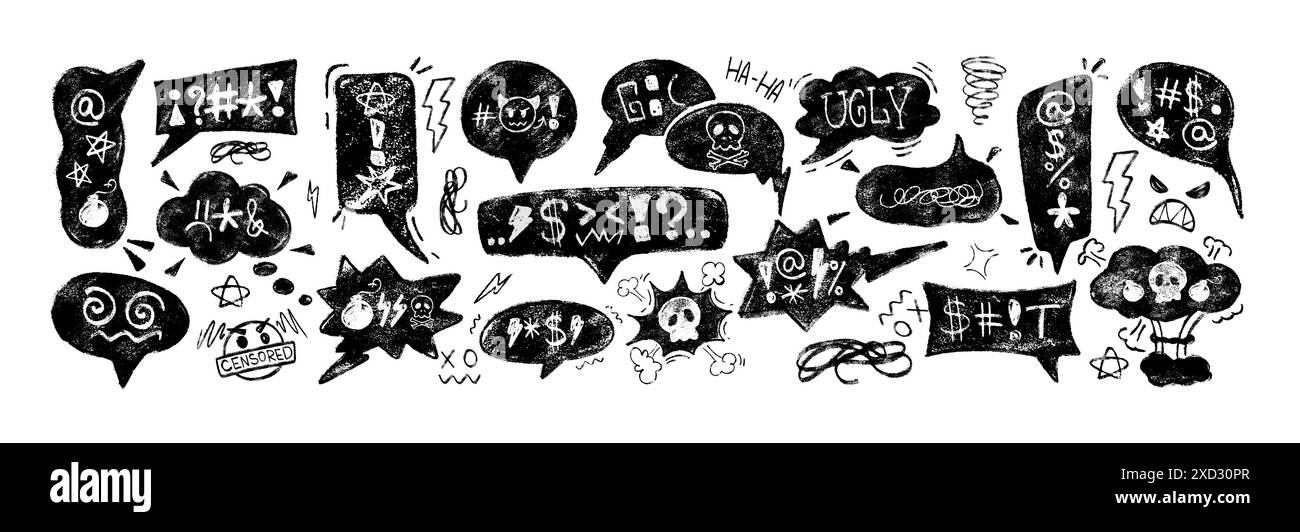 Kreidesprache sprudelt mit schwörenden Worten, Beleidigungen, Flüchen, Schädeln und bösen Symbolen, die mit Symbolen im Doodle-Stil zensiert werden. Handgezeichnete schwarze Buntstifte für aggressiven Wut, schlechte Stimmung oder Wut. Stock Vektor