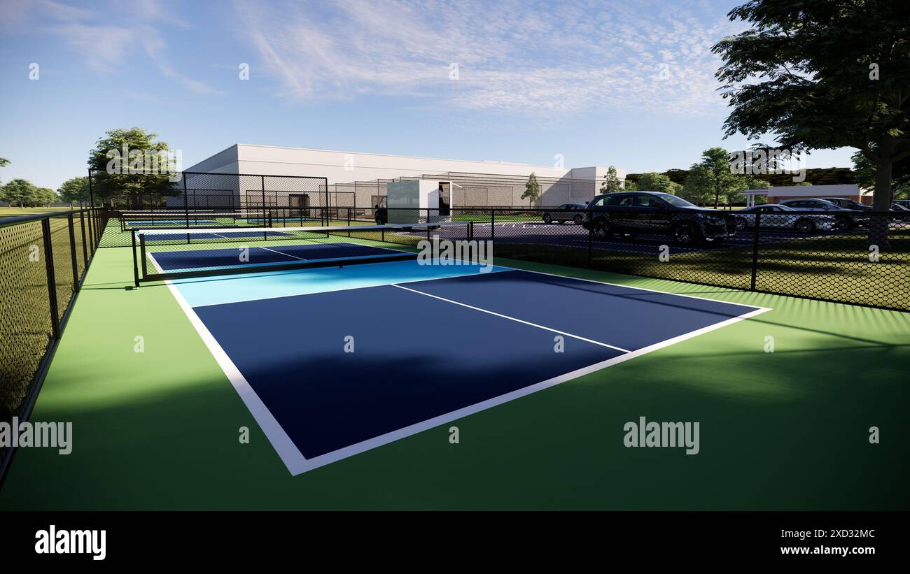 Pickleball-Platz mit blauer Spielfläche und grünem Hintergrund an den Seiten und Grundlinien-3D-Rendering Stockfoto