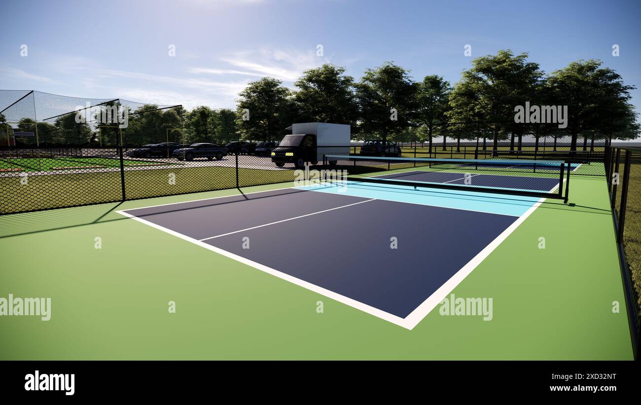 Pickleball oder Tennisplätze. Der Boden ist grün und blau mit weißen Begrenzungslinien 3D-Rendering Stockfoto