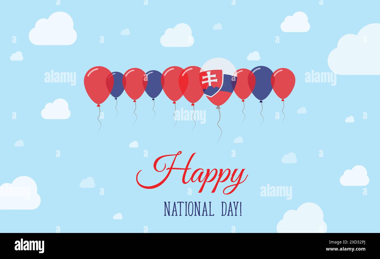 Slowakische Unabhängigkeitstag Funkelndes Patriotisches Poster. Reihe von Ballons in den Farben der slowakischen Flagge. Grußkarte mit Nationalflaggen, Blauen Skyes und Stock Vektor