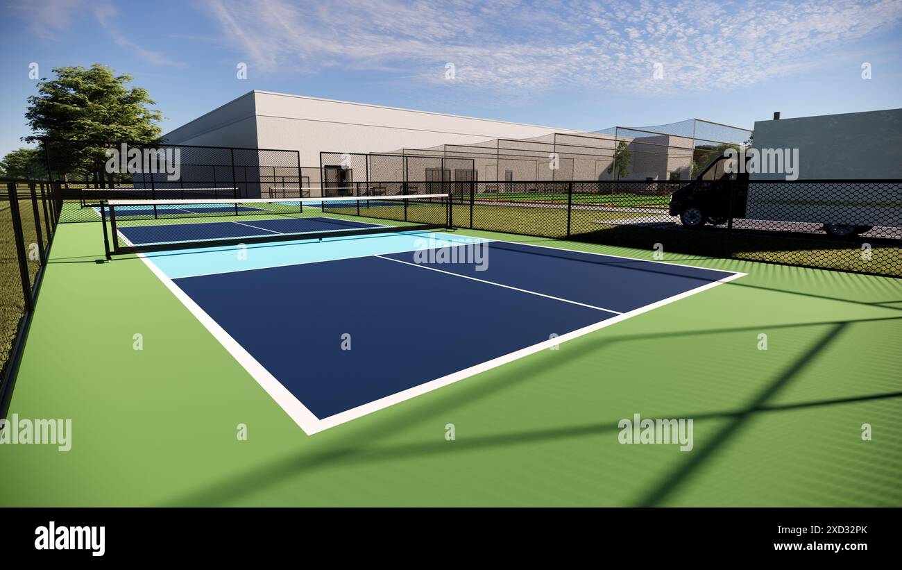 3D-Renderansicht der Tennisplätze in Pickleball, blau und grün gestrichen Stockfoto