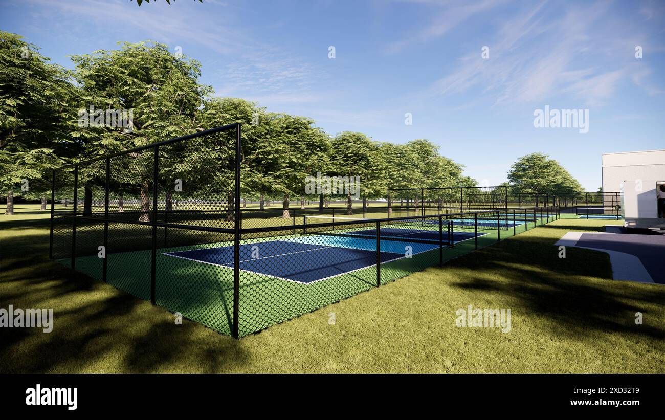 Leere Pickle-Ballplätze mit grüner und blauer 3D-Darstellung Stockfoto