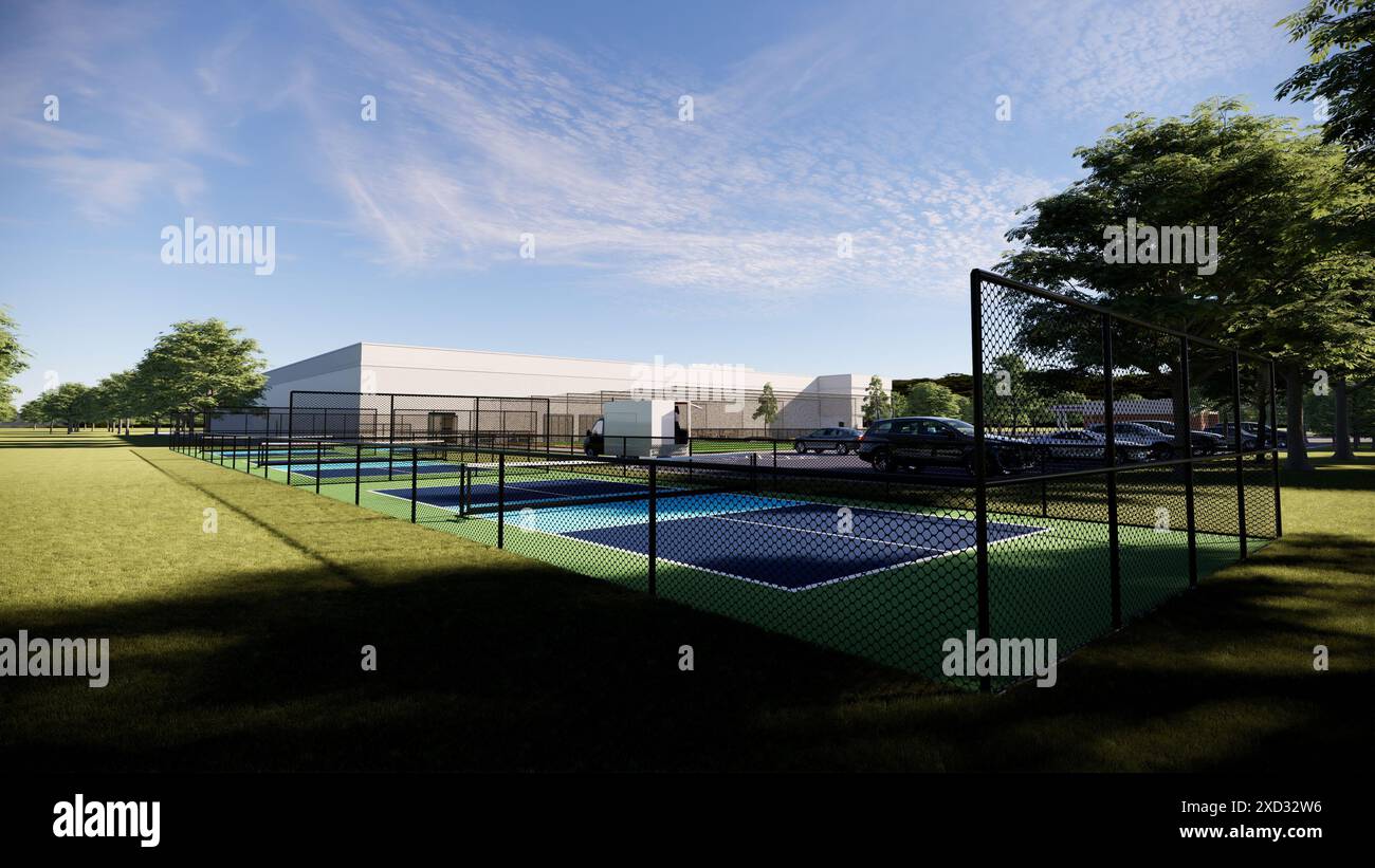 Pickleball-Platz mit grüner und blauer Oberfläche im Sportkomplex Stockfoto