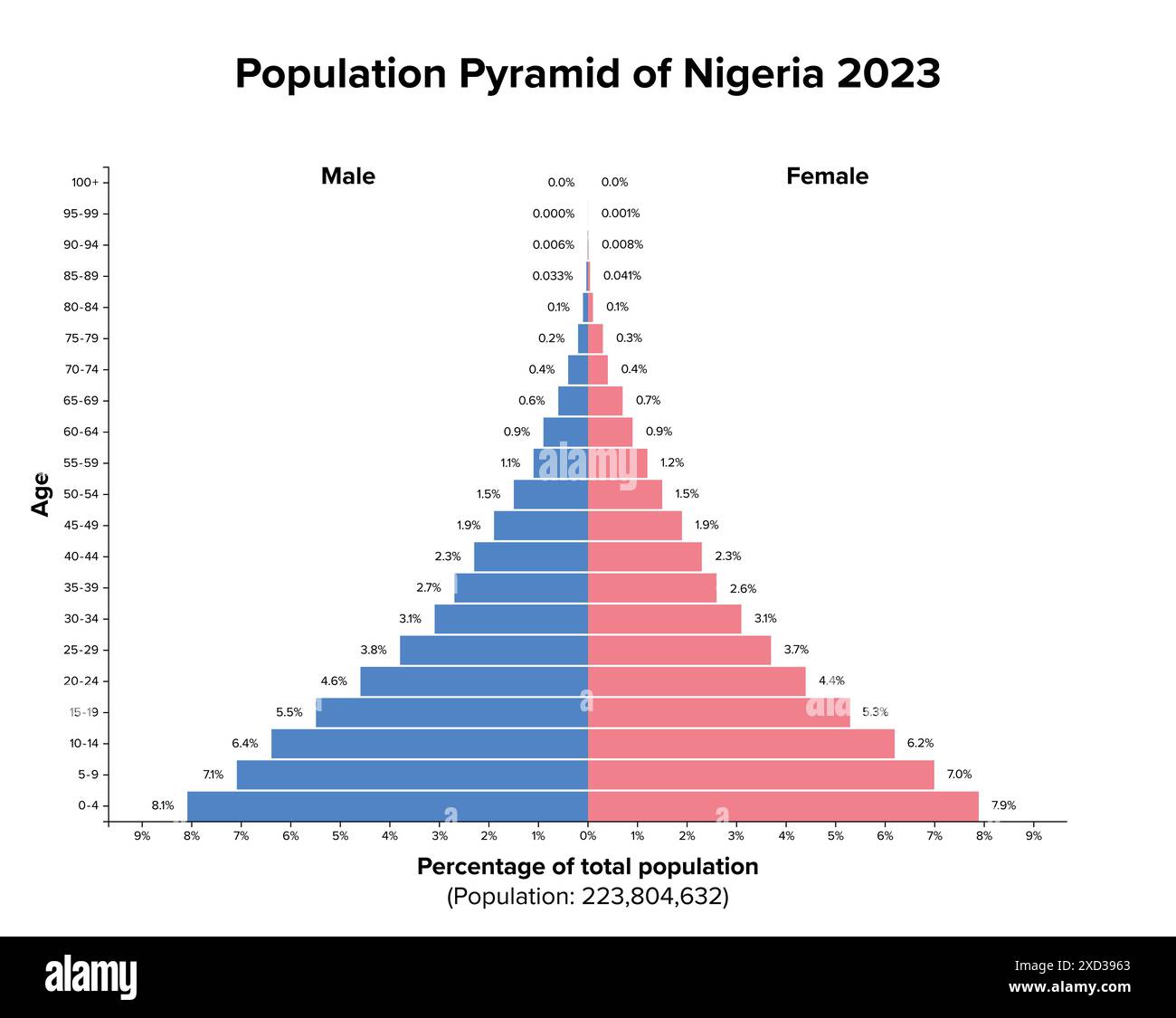 Bevölkerungspyramide Nigerias 2023. Altersstrukturdiagramm und graphische Darstellung der Verteilung von über 223 Millionen Menschen. Stockfoto