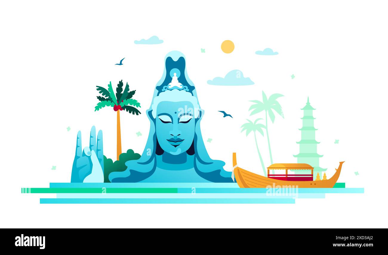 Thanh Luong Phu Yen Pagode im See - farbige Vektor-Illustration Stock Vektor