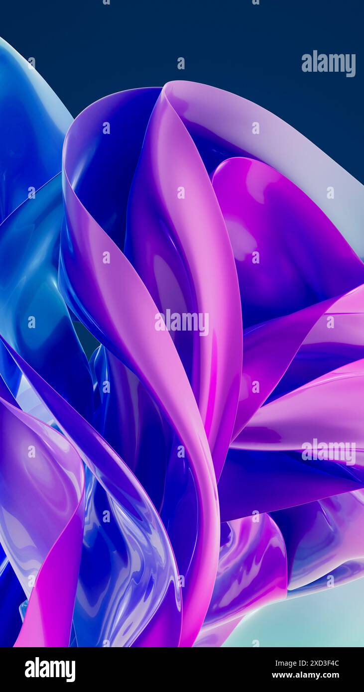 Ein elegantes, digitales Kunstabstrakt mit einem wirbelnden Muster und glänzenden Texturen in leuchtenden Blau- und Violetttönen, die vor einer gedämpften Ba stehen Stockfoto