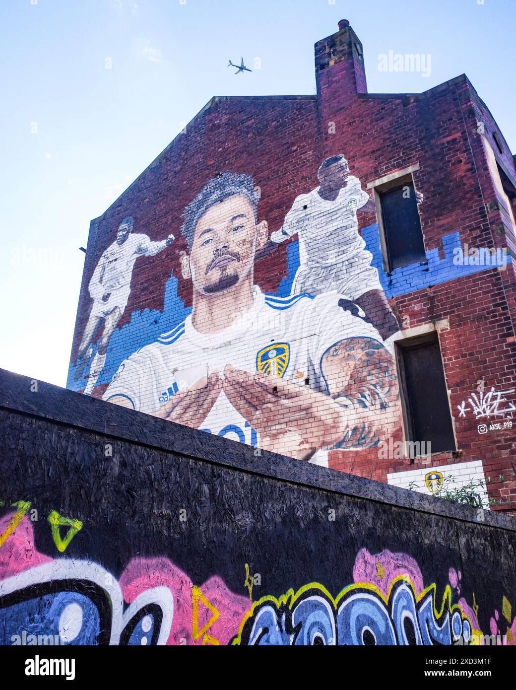 Leeds, Großbritannien - 24. Februar 2024: Leeds United Wandgemälde mit dem Fußballspieler Kalvin Phillips im Calls-Viertel im Stadtzentrum von Leeds Stockfoto