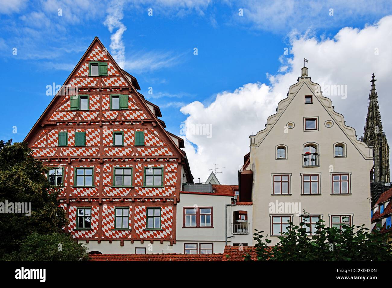 Altes Fachwerkhaus mit roten und weißen Diamanten bemalt, Ulmer Münster im Hintergrund rechts. Blick von der Stadtmauer. An der Straße „unter Stockfoto