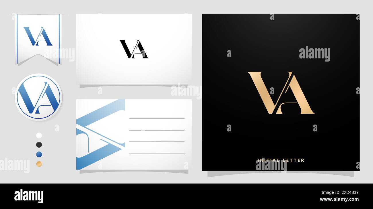 Logo Vektor Firmensymbol Elementvorlage Alphabet Buchstabe VA mit Visitenkarte isolierter Hintergrund für Firmenbranding Werbekampagne, Letterpress Stock Vektor